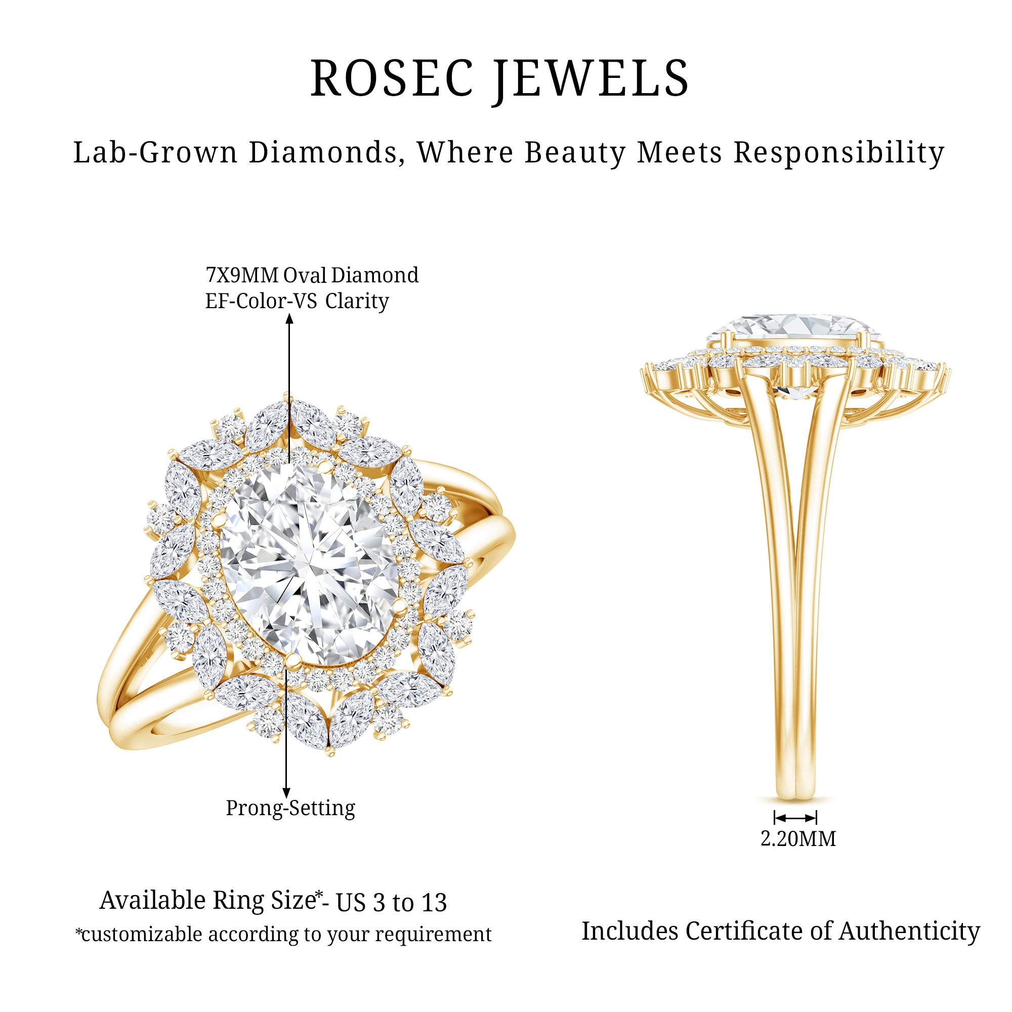 Certified Oval Cut Lab Diamond Statement Engagement Ring Lab - ( EF-VS ) - Rosec Jewels