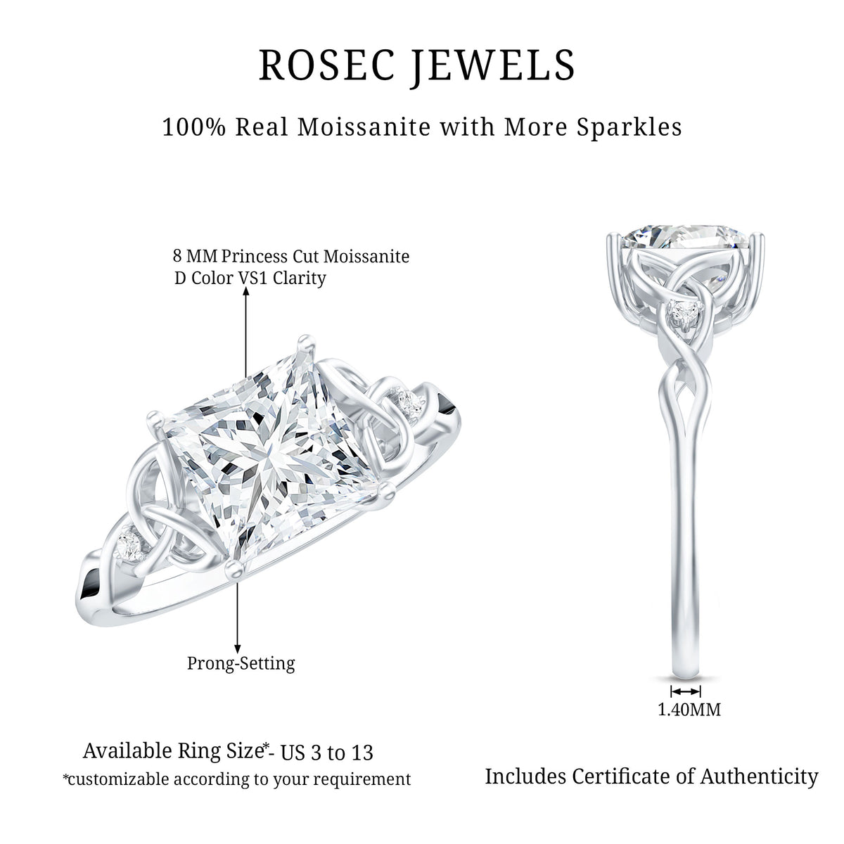3 Carat Princess Cut Moissanite Solitaire Engagement Celtic Ring D-VS1 - Rosec Jewels