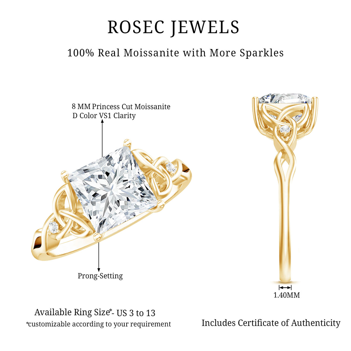 3 Carat Princess Cut Moissanite Solitaire Engagement Celtic Ring D-VS1 - Rosec Jewels