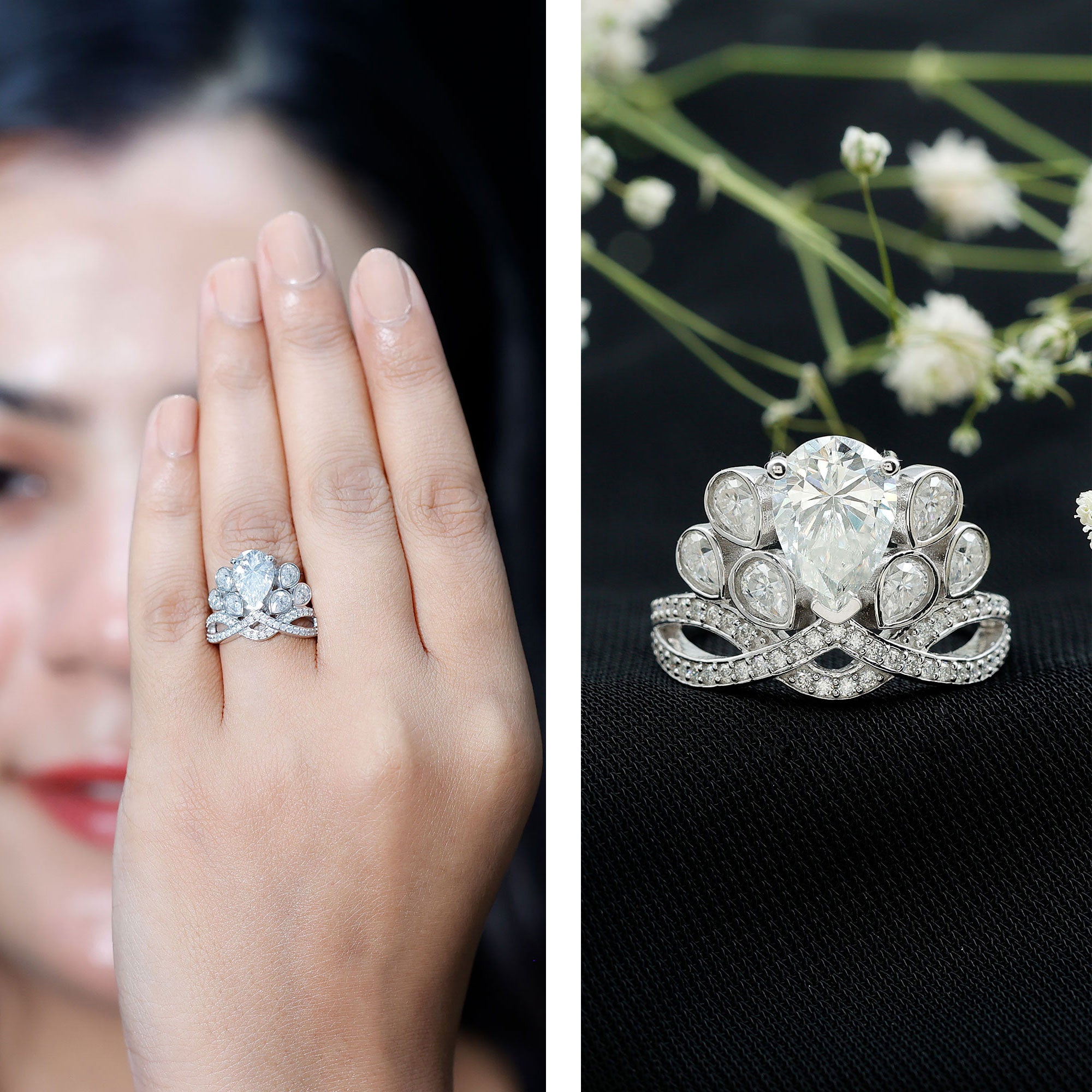 Certified Moissanite Designer Crown Engagement Ring D-VS1 - Rosec Jewels