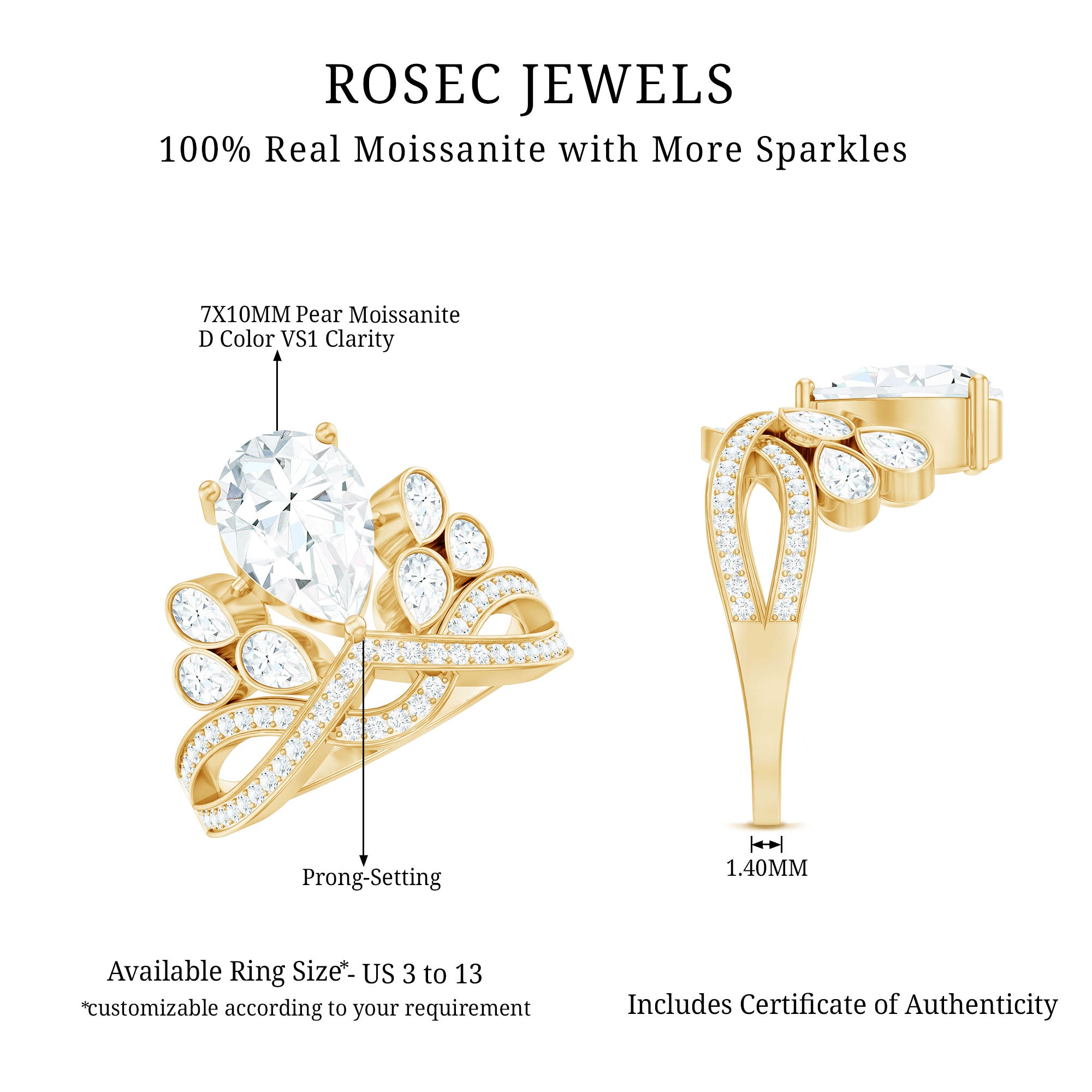 Certified Moissanite Designer Crown Engagement Ring D-VS1 - Rosec Jewels
