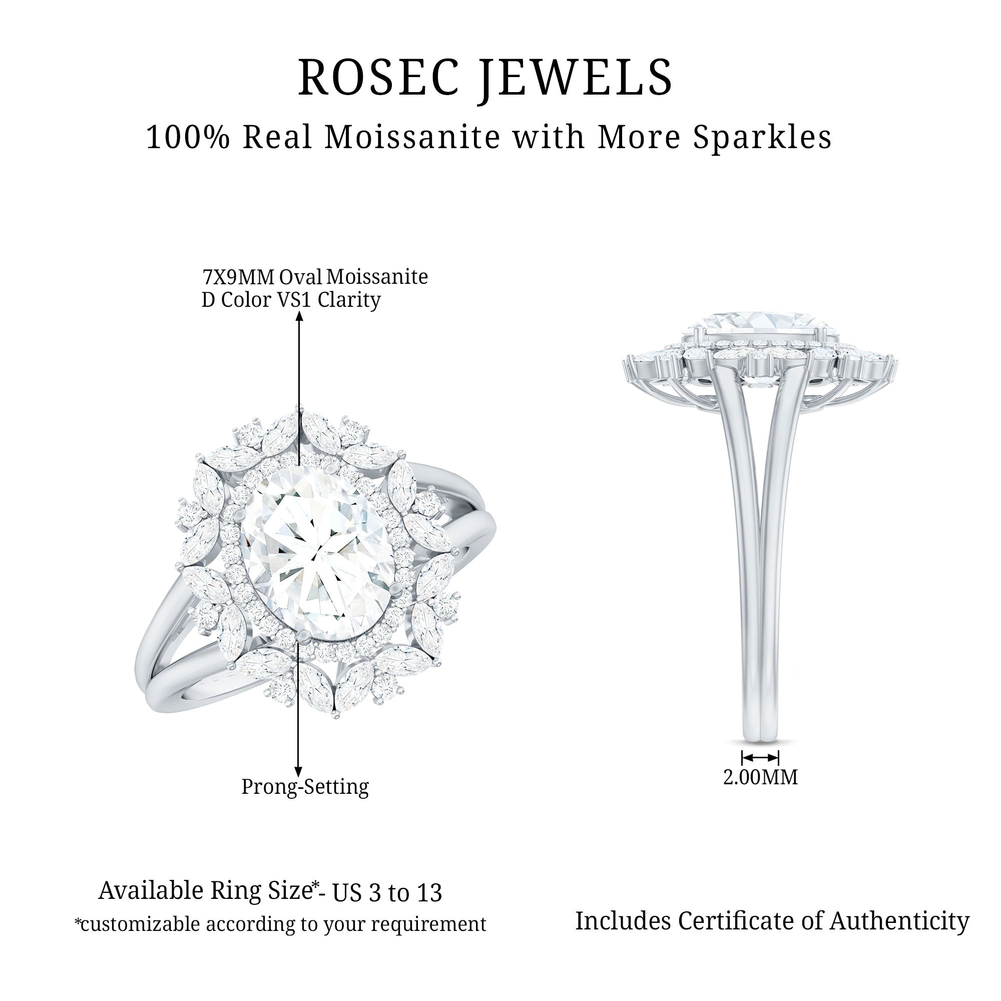 Oval Cut 7X9 MM Moissanite Double Halo Engagement Ring D-VS1 - Rosec Jewels