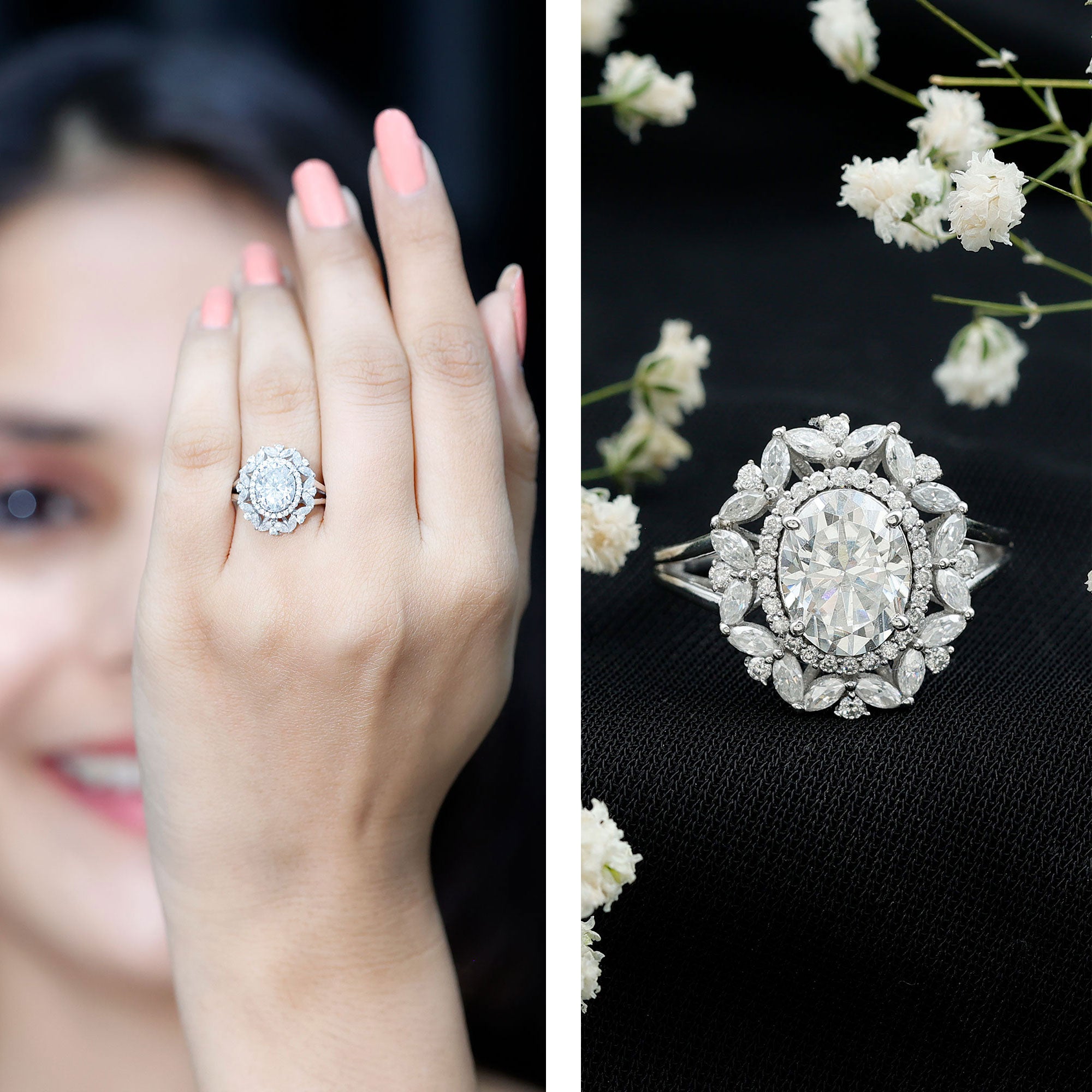Oval Cut 7X9 MM Moissanite Double Halo Engagement Ring D-VS1 - Rosec Jewels