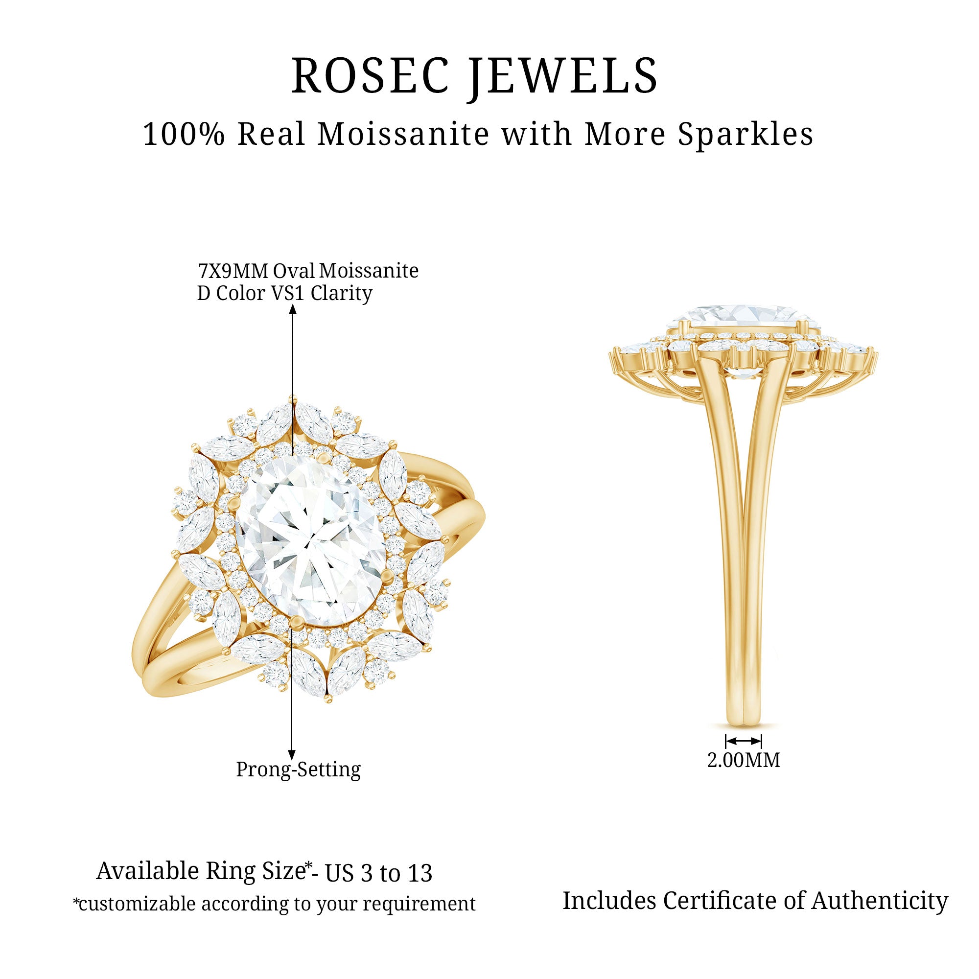 Oval Cut 7X9 MM Moissanite Double Halo Engagement Ring D-VS1 - Rosec Jewels