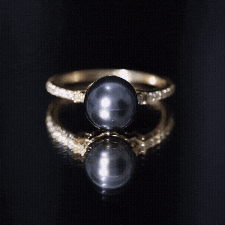 Classic Black Pearl Ring with Diamond Side Stones AAAA - Rosec Jewels