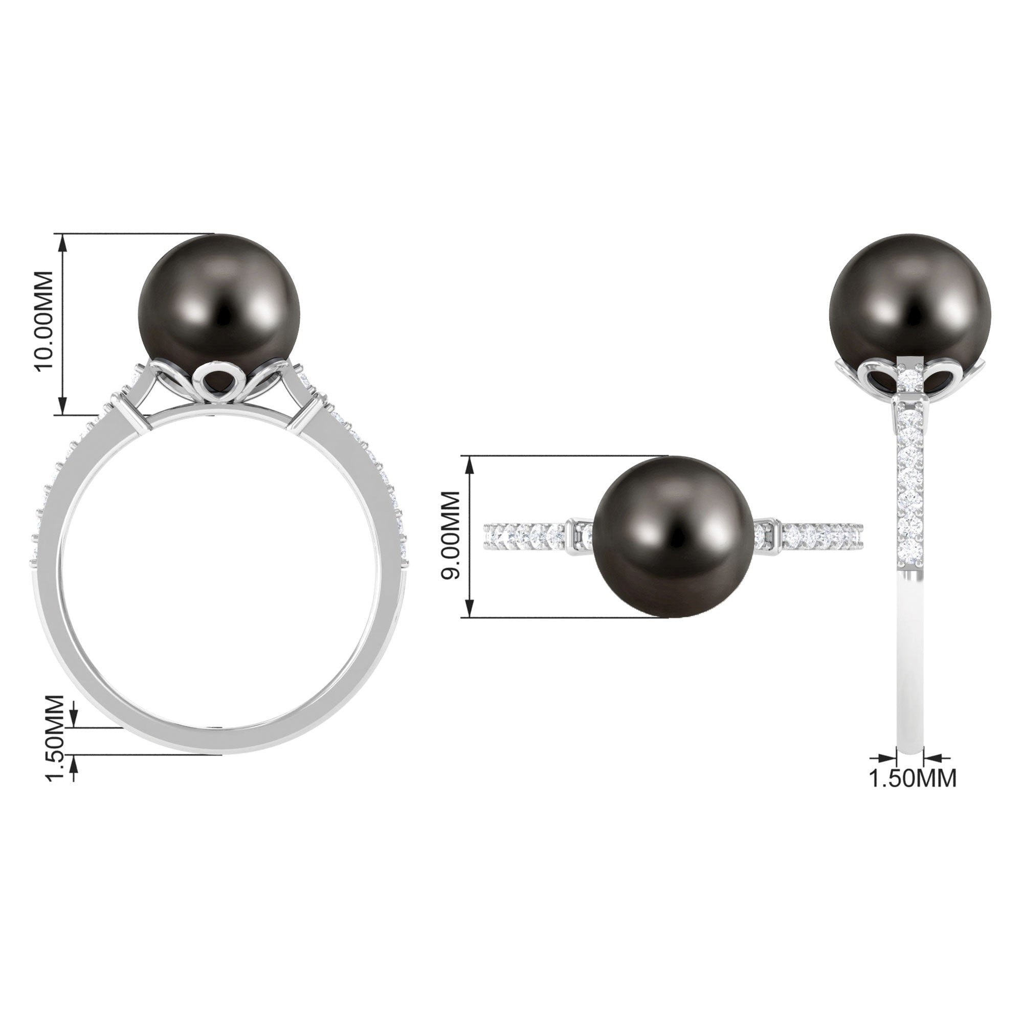 Classic Black Pearl Ring with Diamond Side Stones AAAA - Rosec Jewels