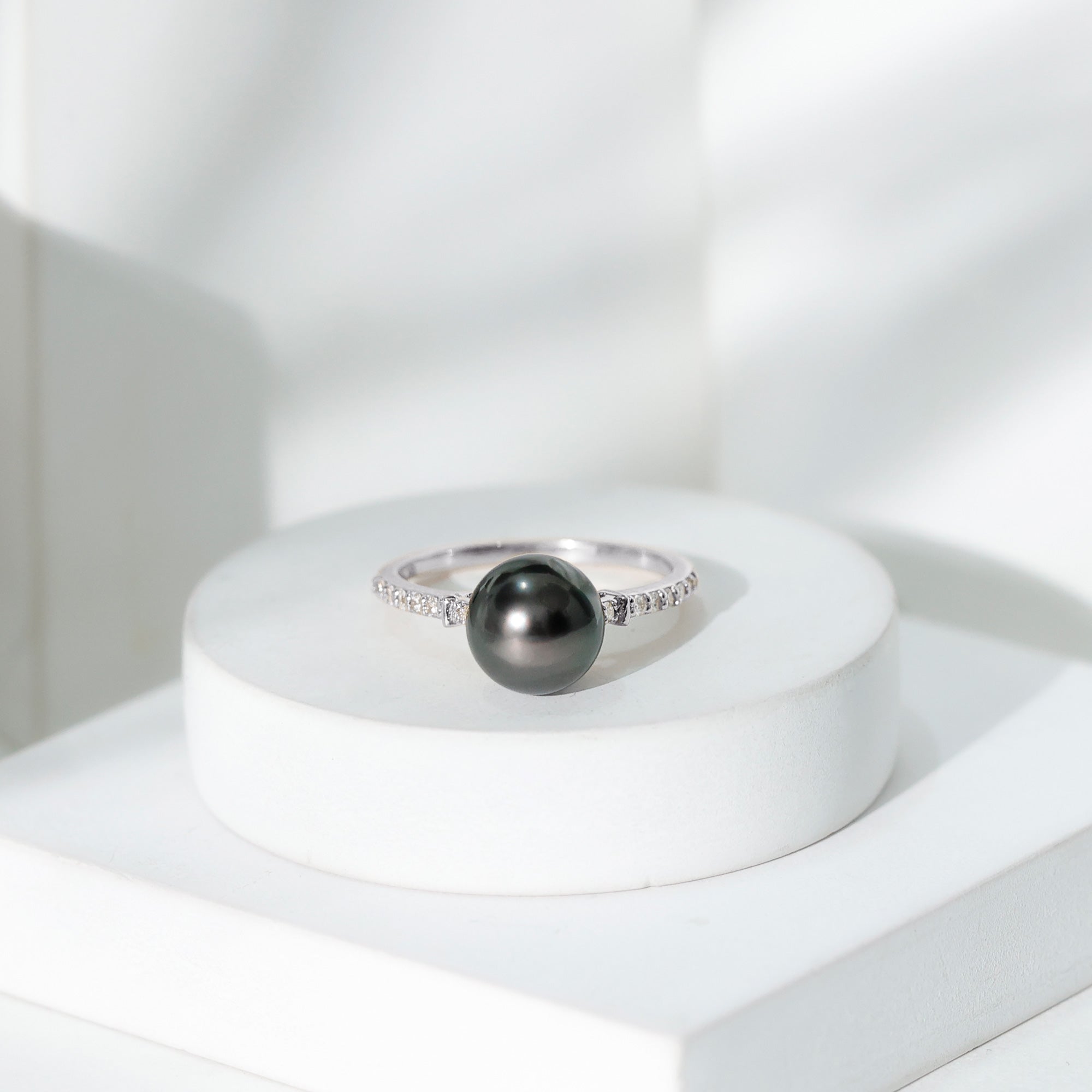 Classic Black Pearl Ring with Diamond Side Stones AAAA - Rosec Jewels