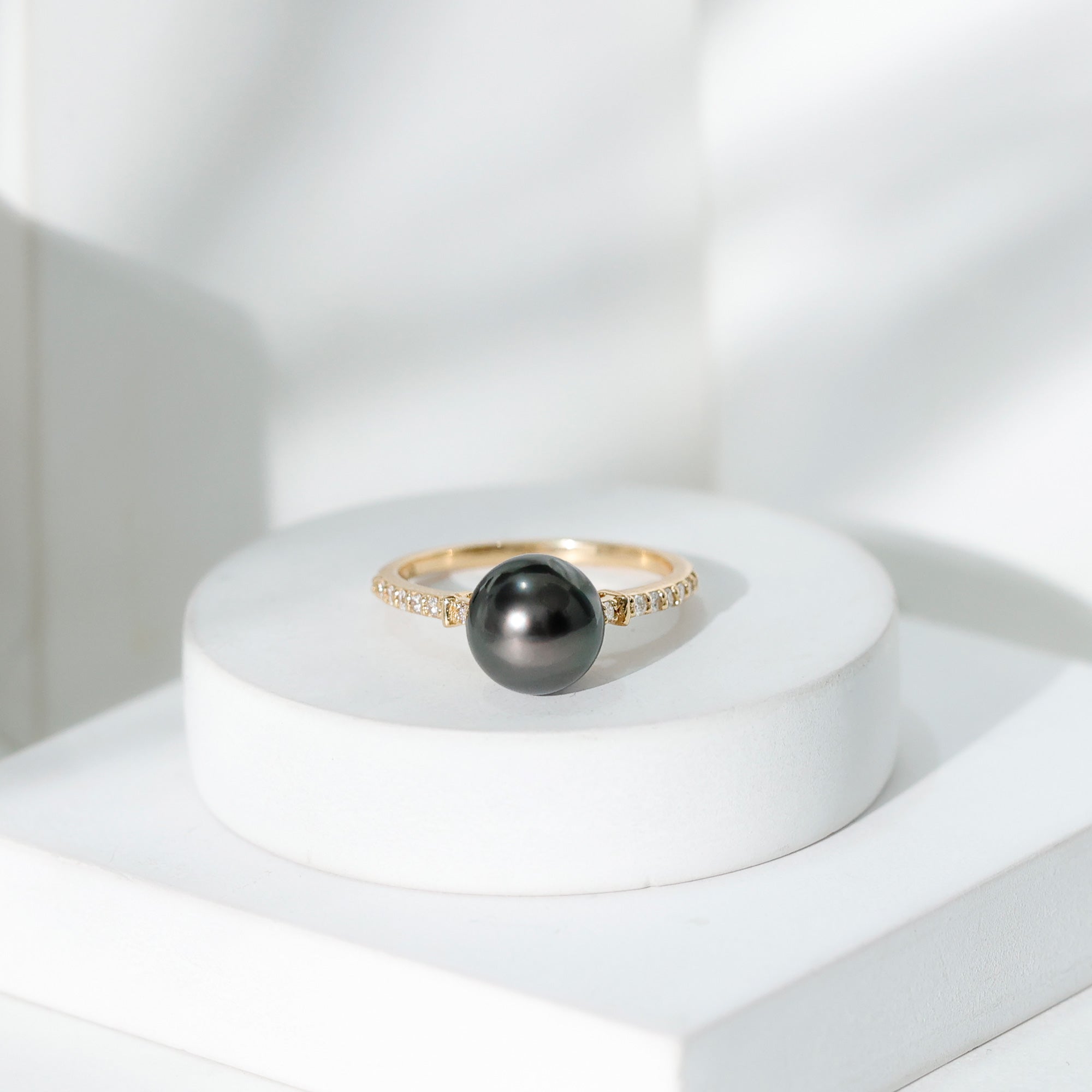 Classic Black Pearl Ring with Diamond Side Stones AAAA - Rosec Jewels