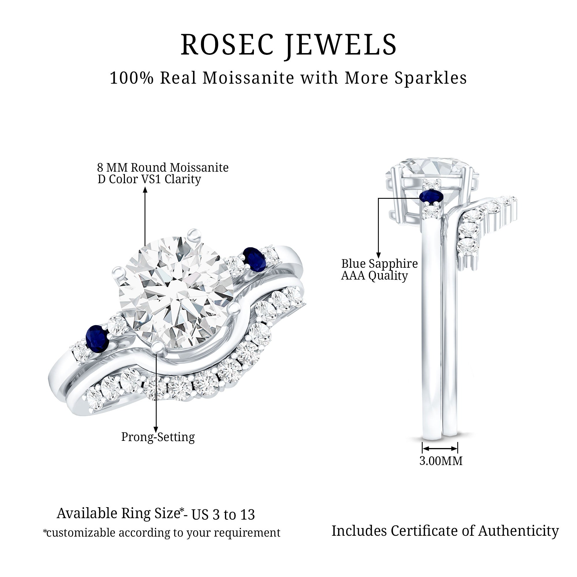 Certified 8MM Moissanite Engagement Ring With Wedding Band D-VS1 - Rosec Jewels