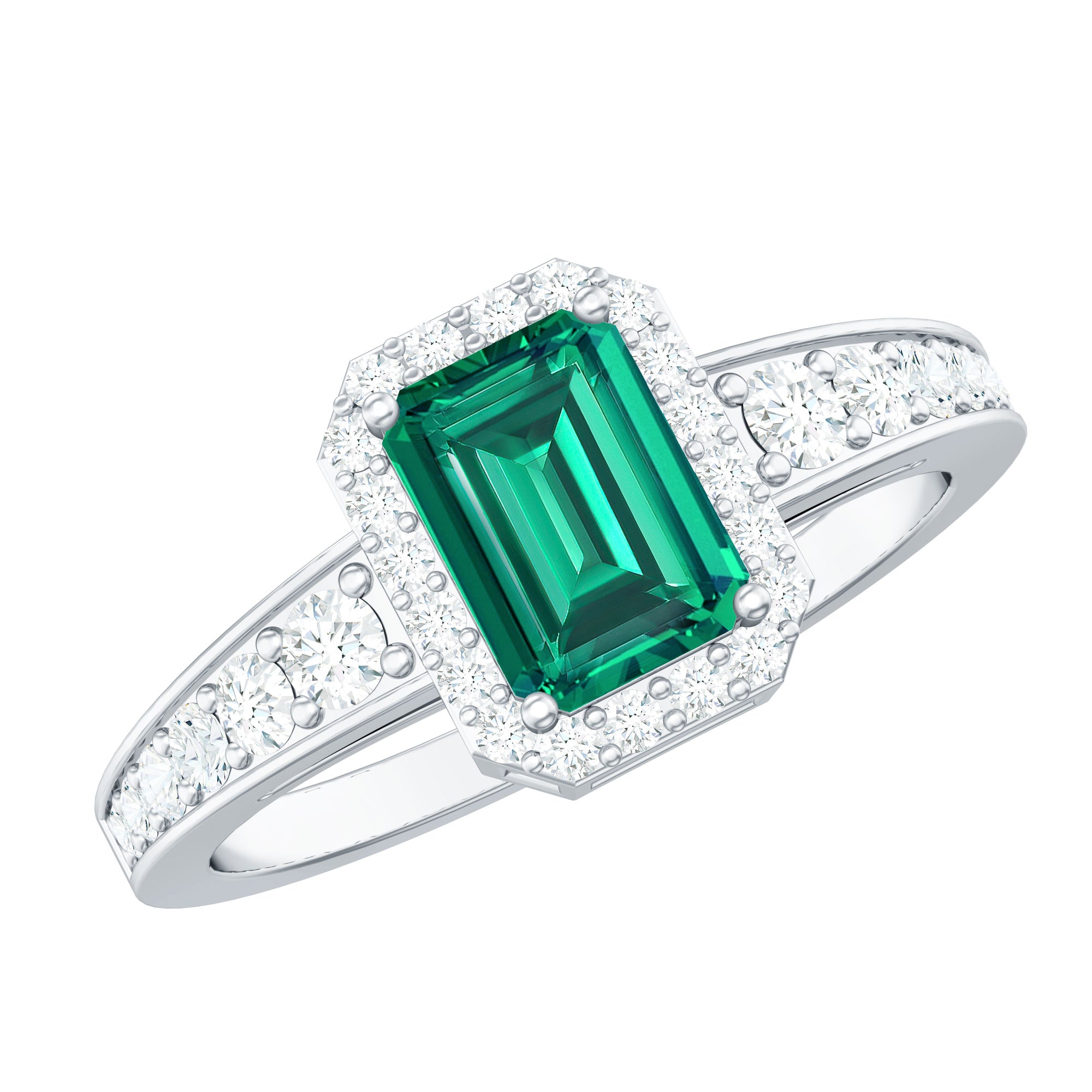 Rosec Jewels-Certified Emerald Cut Lab Grown Emerald Vintage Engagement Ring with Diamond