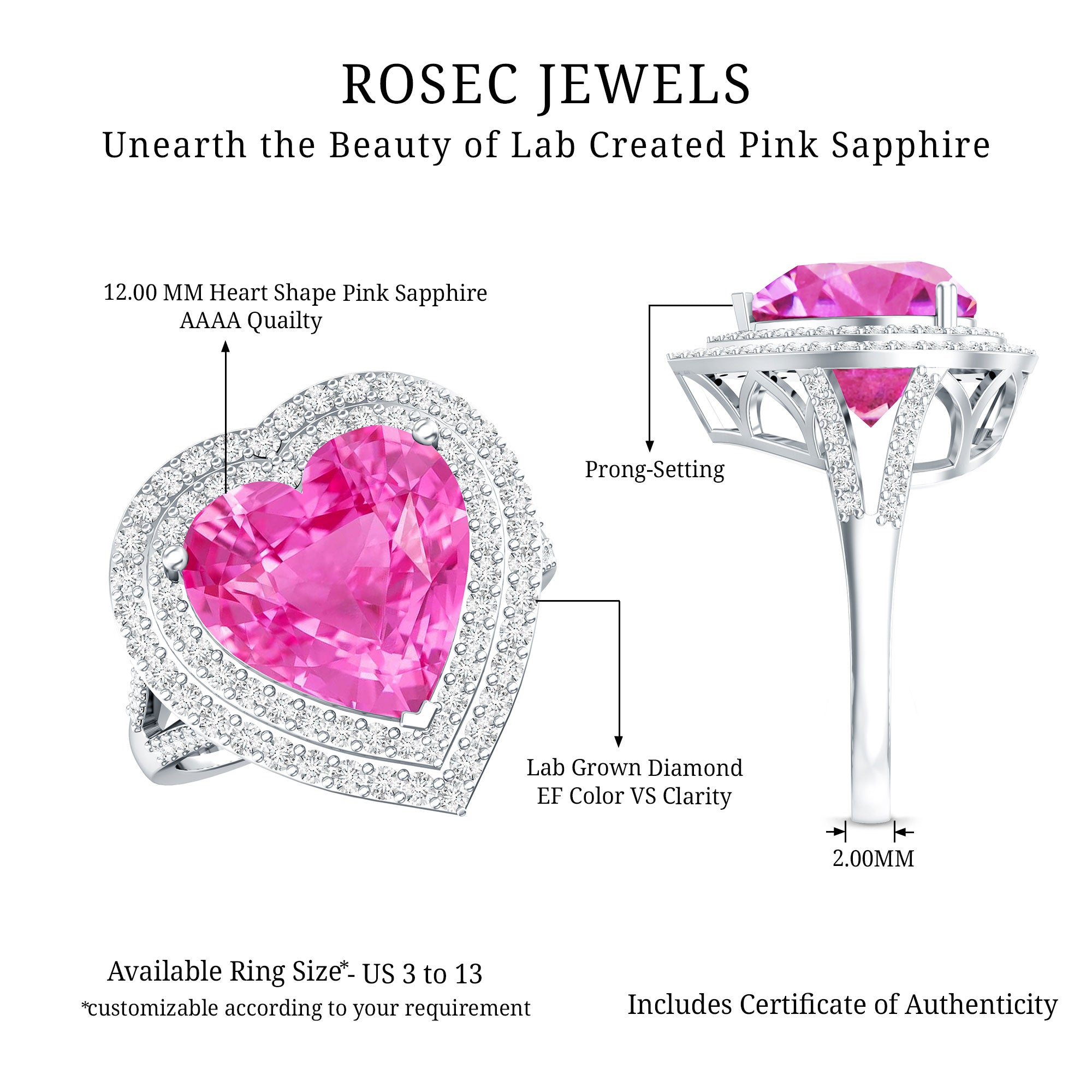 Rosec Jewels-Certified 5.5 Carat Lab Grown Pink Sapphire and Diamond Heart Engagement Ring
