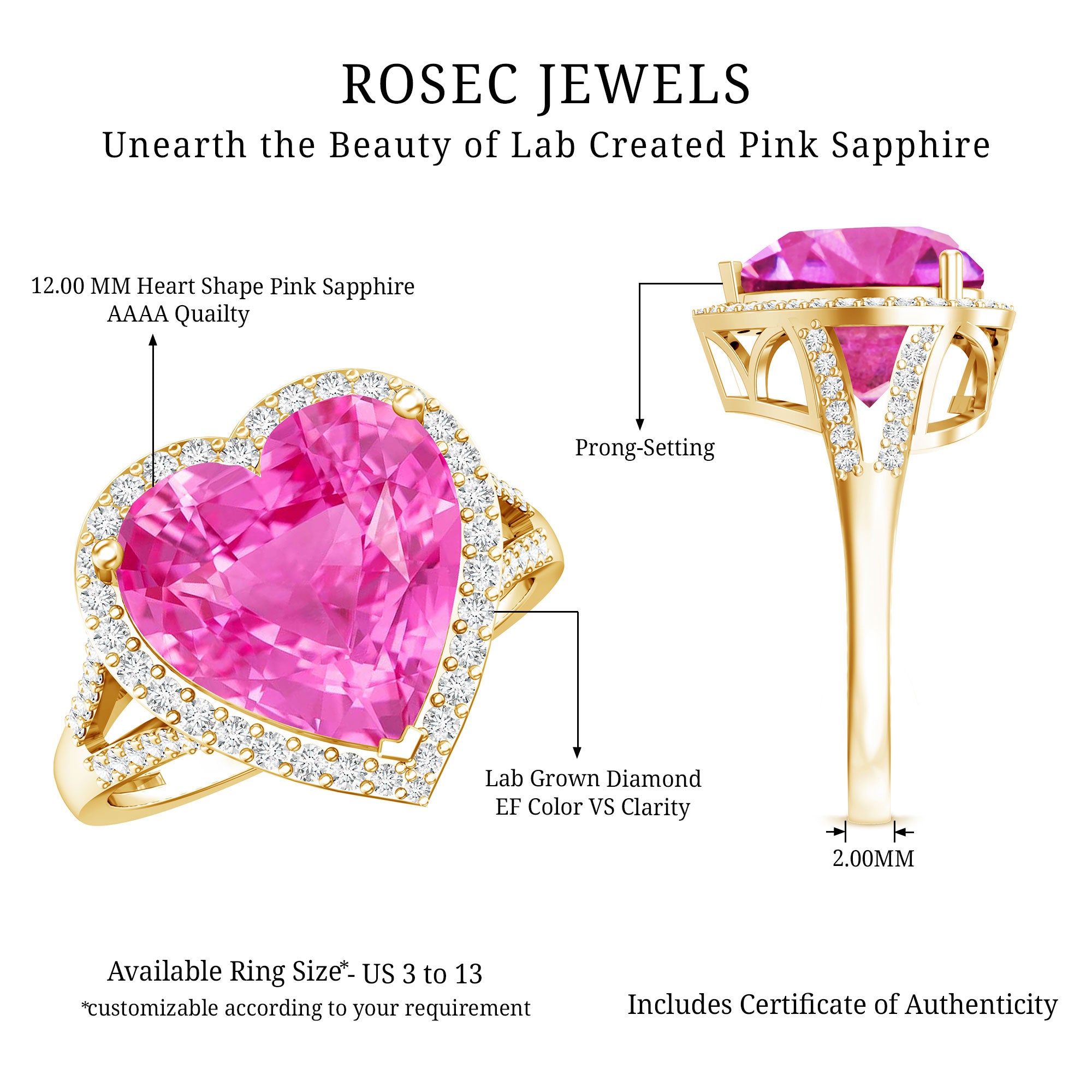 Rosec Jewels-5.5 CT Lab Created Pink Sapphire Heart Engagement Ring with Diamond Halo