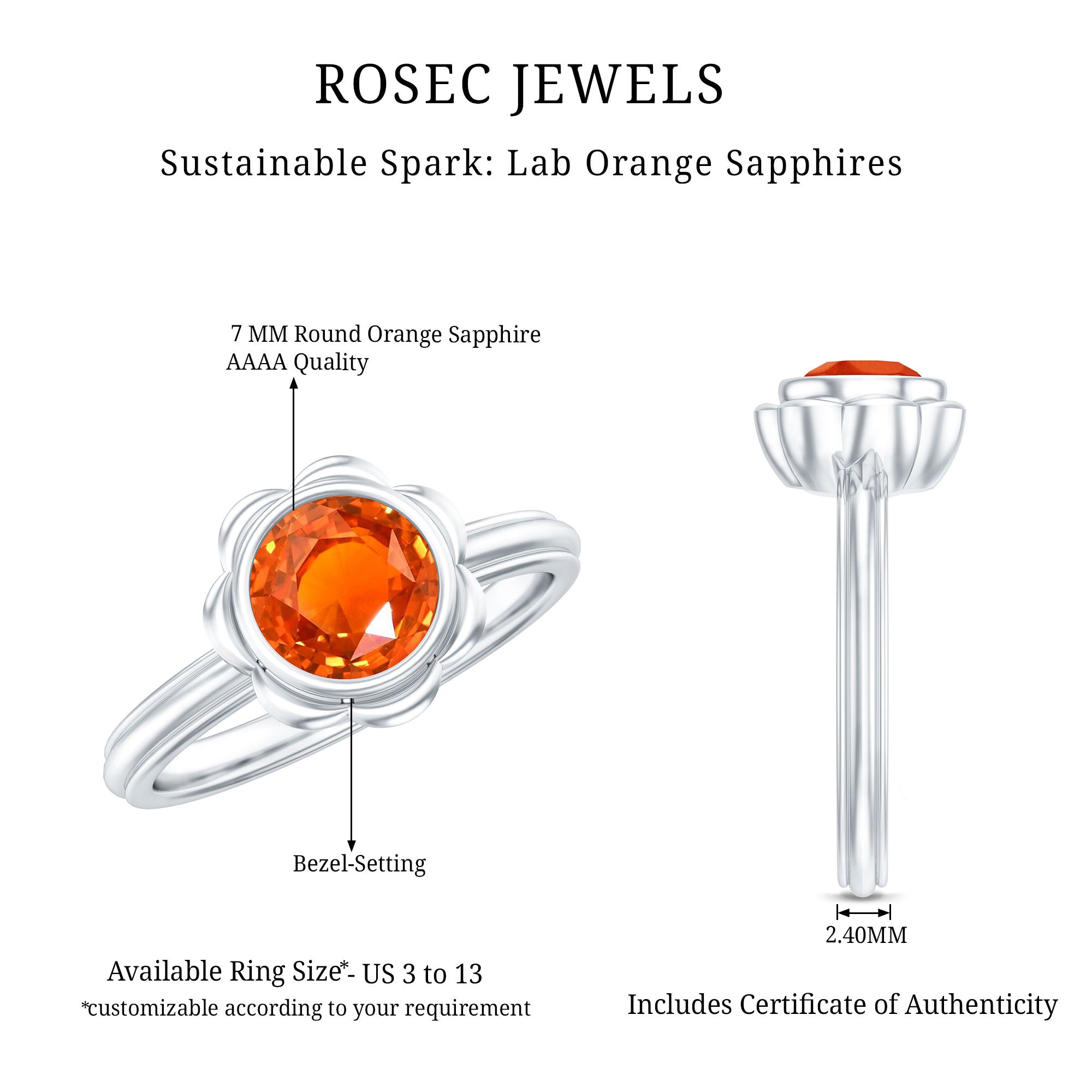 Rosec Jewels-1.5 Carat Lab Grown Orange Sapphire Bezel Set Engagement Ring