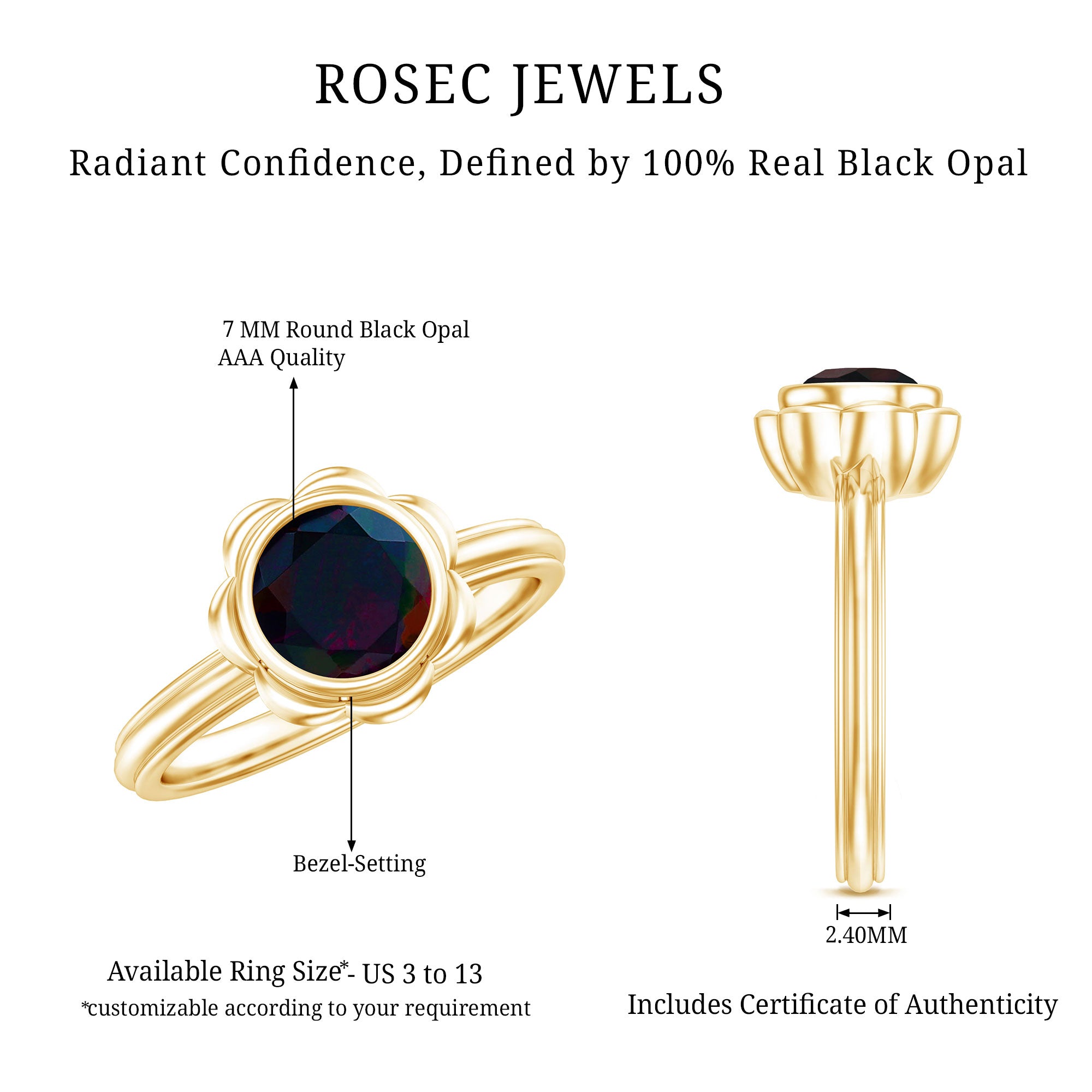 Rosec Jewels-1.5 Carat Round Cut Black Opal Solitaire Engagement Ring in Bezel Setting