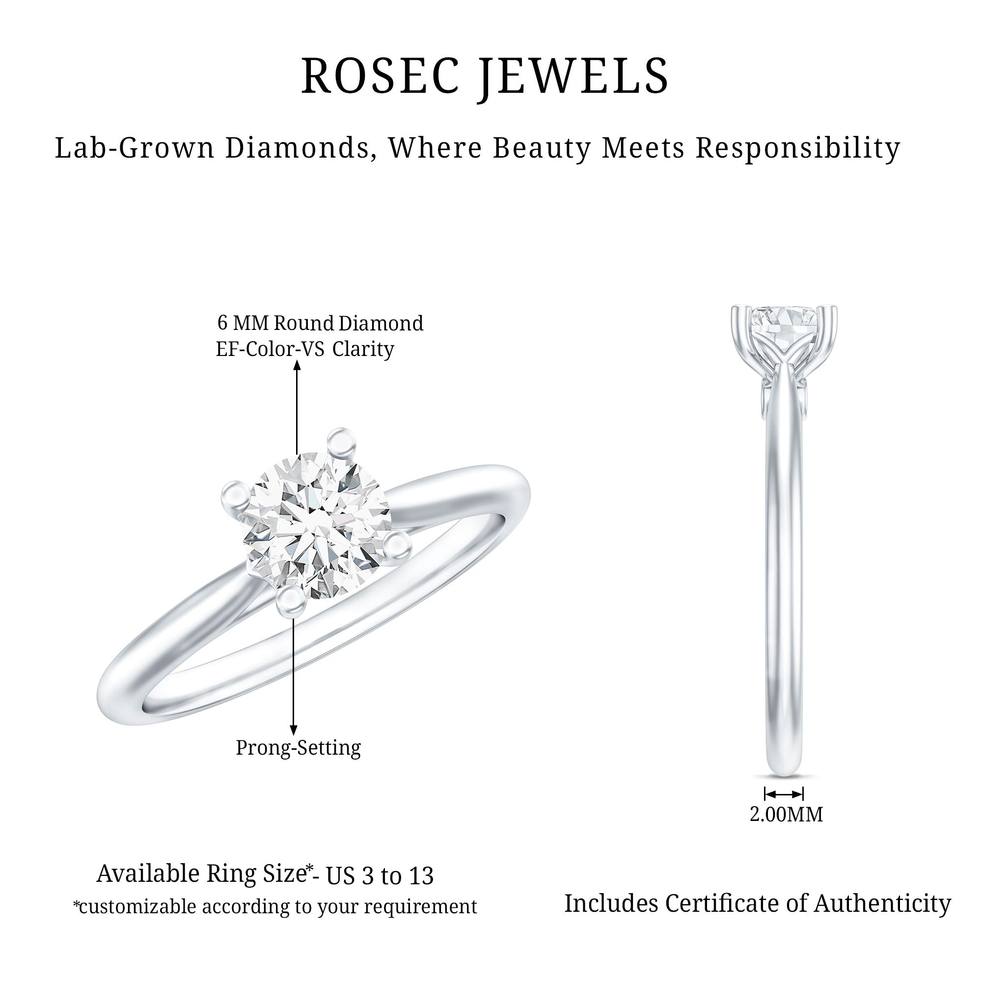 1 CT Lab Grown Diamond Solitaire Engagement Ring with IGI Certificate Lab - ( E-VS1 ) - Rosec Jewels