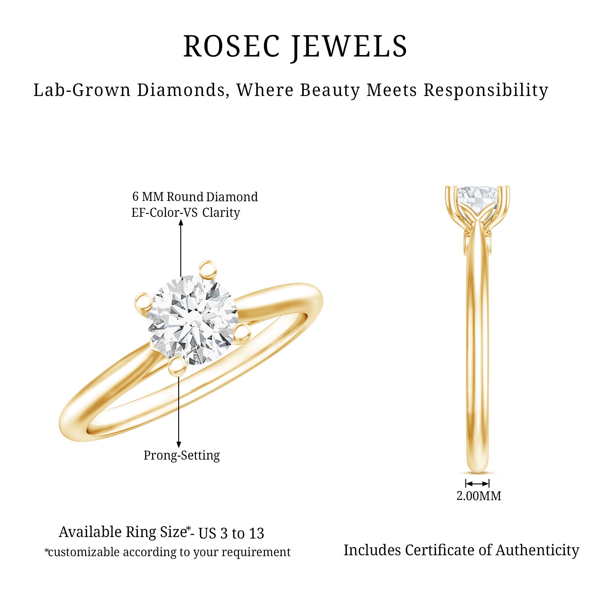 1 CT Lab Grown Diamond Solitaire Engagement Ring with IGI Certificate Lab - ( E-VS1 ) - Rosec Jewels