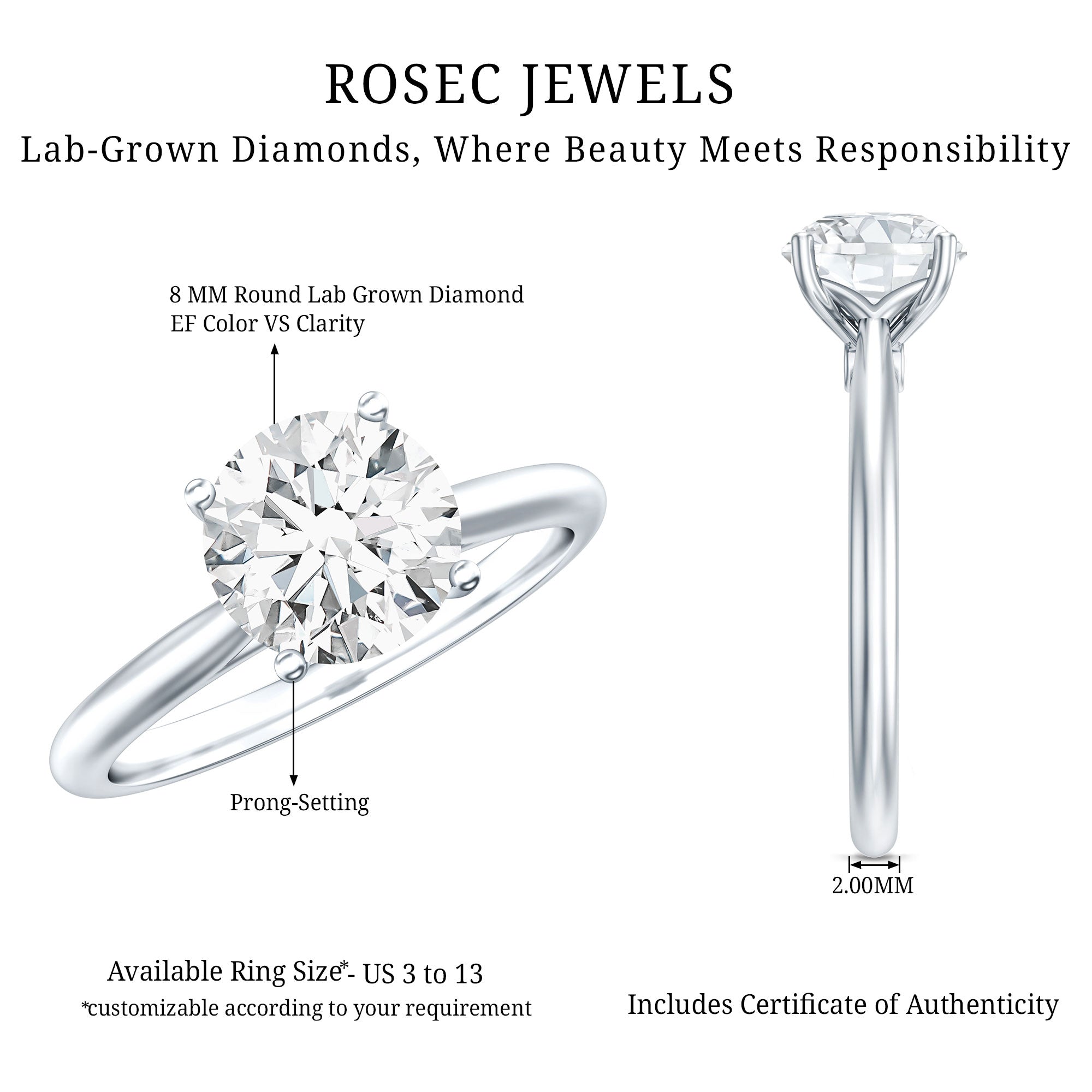 Rosec Jewels-IGI Certified Lab Grown Diamond 2 Carat Engagement Ring for Women