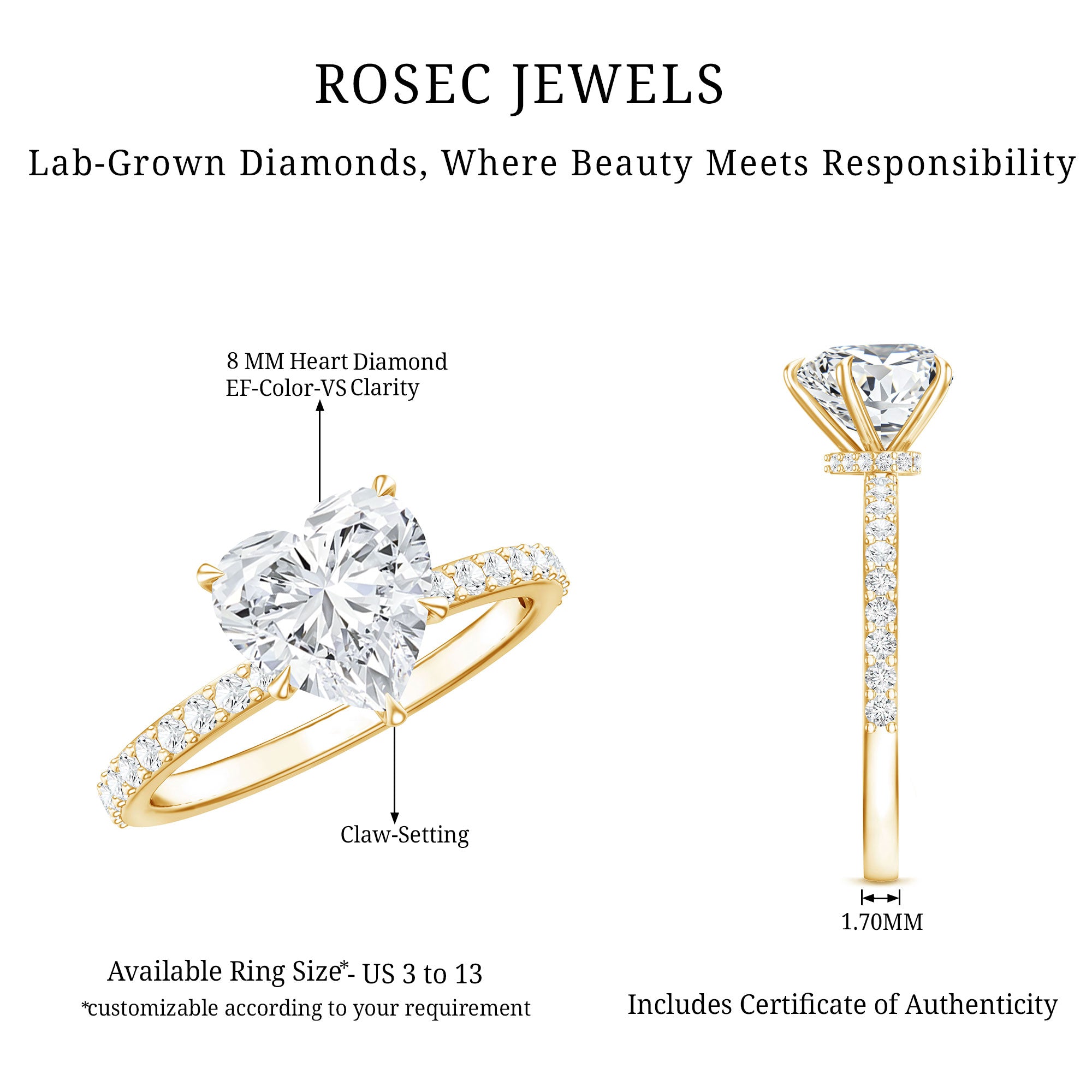 Rosec Jewels-2 Carat Lab Grown Diamond Heart Engagement Ring for Her