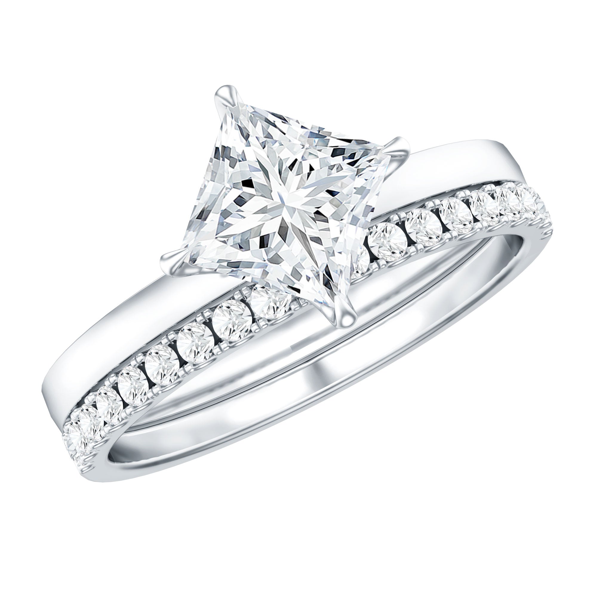 Princess Cut Lab Grown Diamond Ring With Wedding Band Lab - ( EF-VS ) - Rosec Jewels