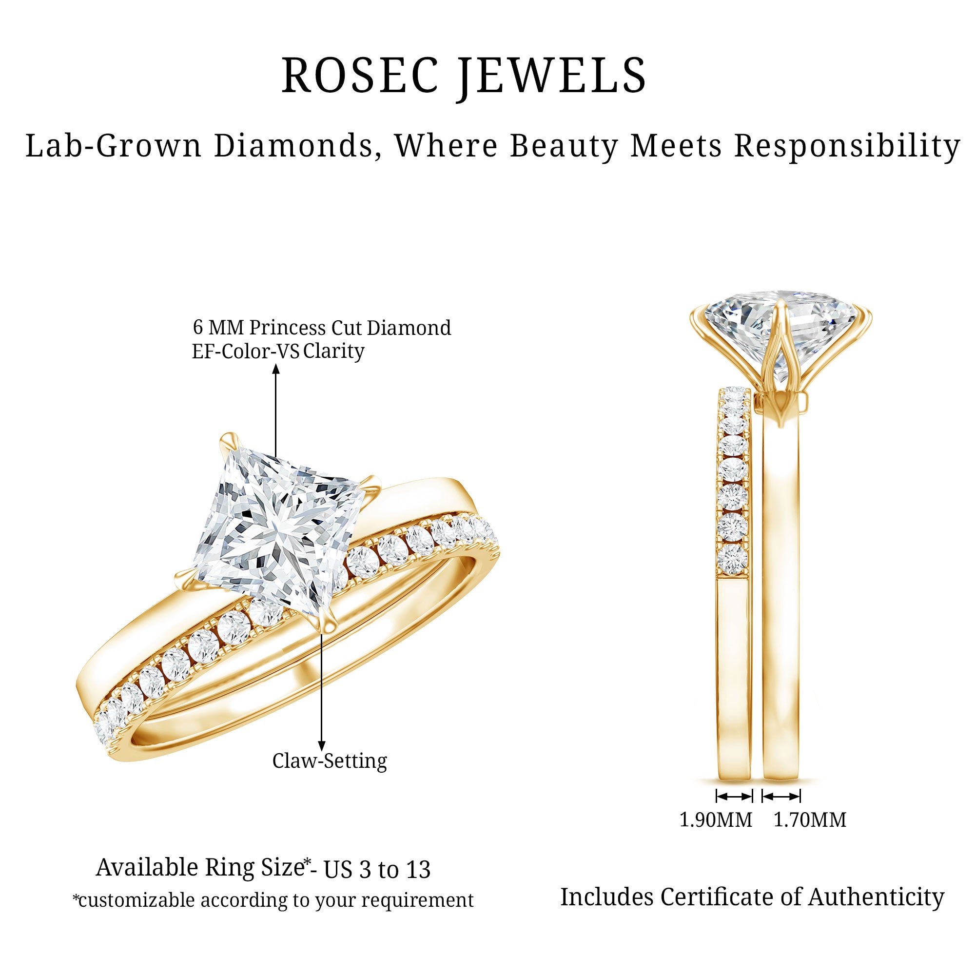Rosec Jewels-Princess Cut Lab Grown Diamond Ring With Wedding Band
