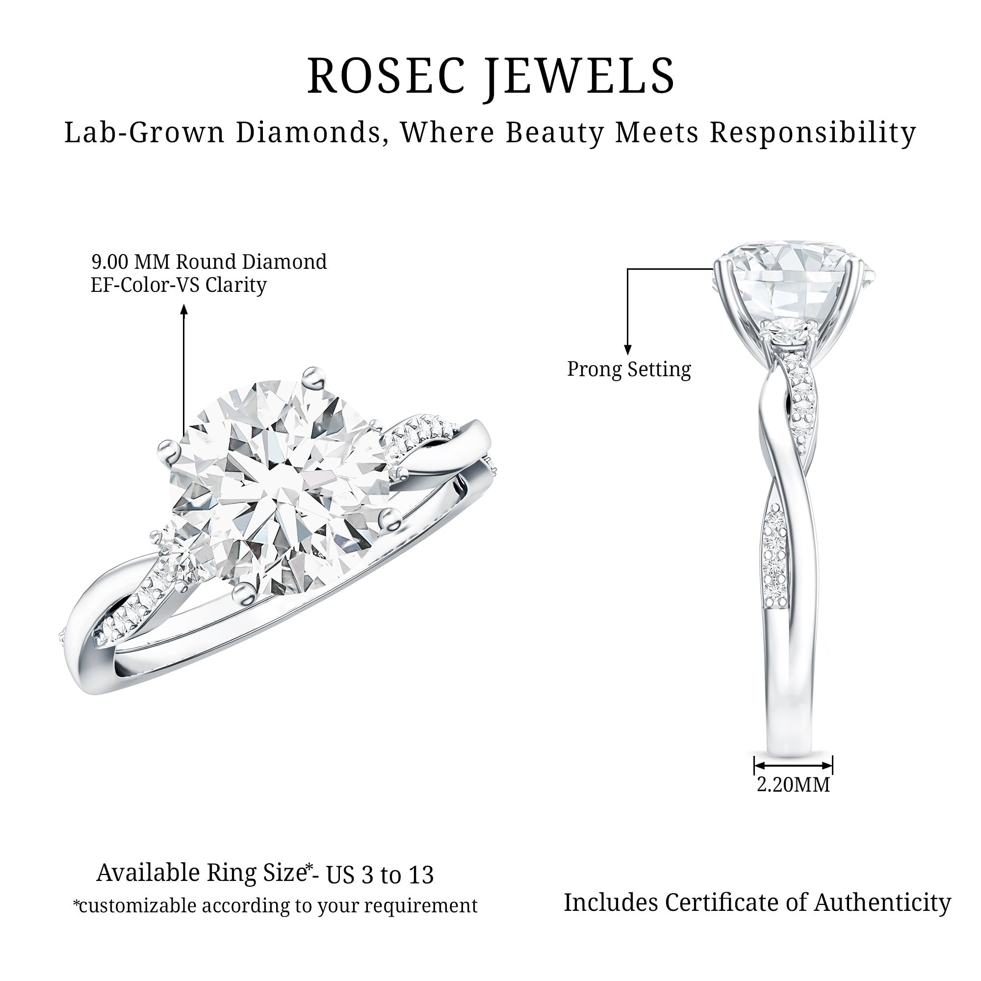 Rosec Jewels-3 Carat Lab Grown Diamond Braided Engagement Ring with Certificate