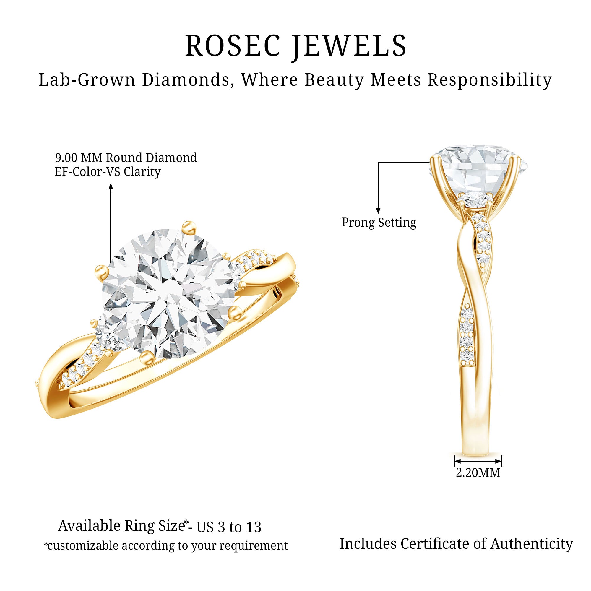 Rosec Jewels-3 Carat Lab Grown Diamond Braided Engagement Ring with Certificate