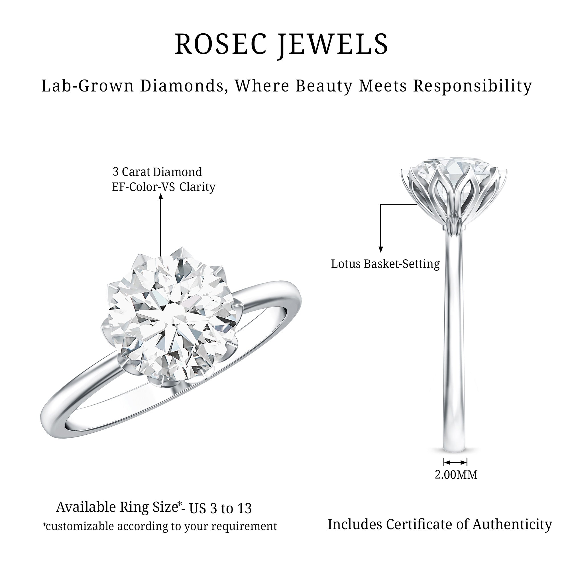 Lotus Basket Set Lab Grown Diamond 3 Carat Engagement Ring with IGI Certificate Lab - ( E-VS1 ) - Rosec Jewels