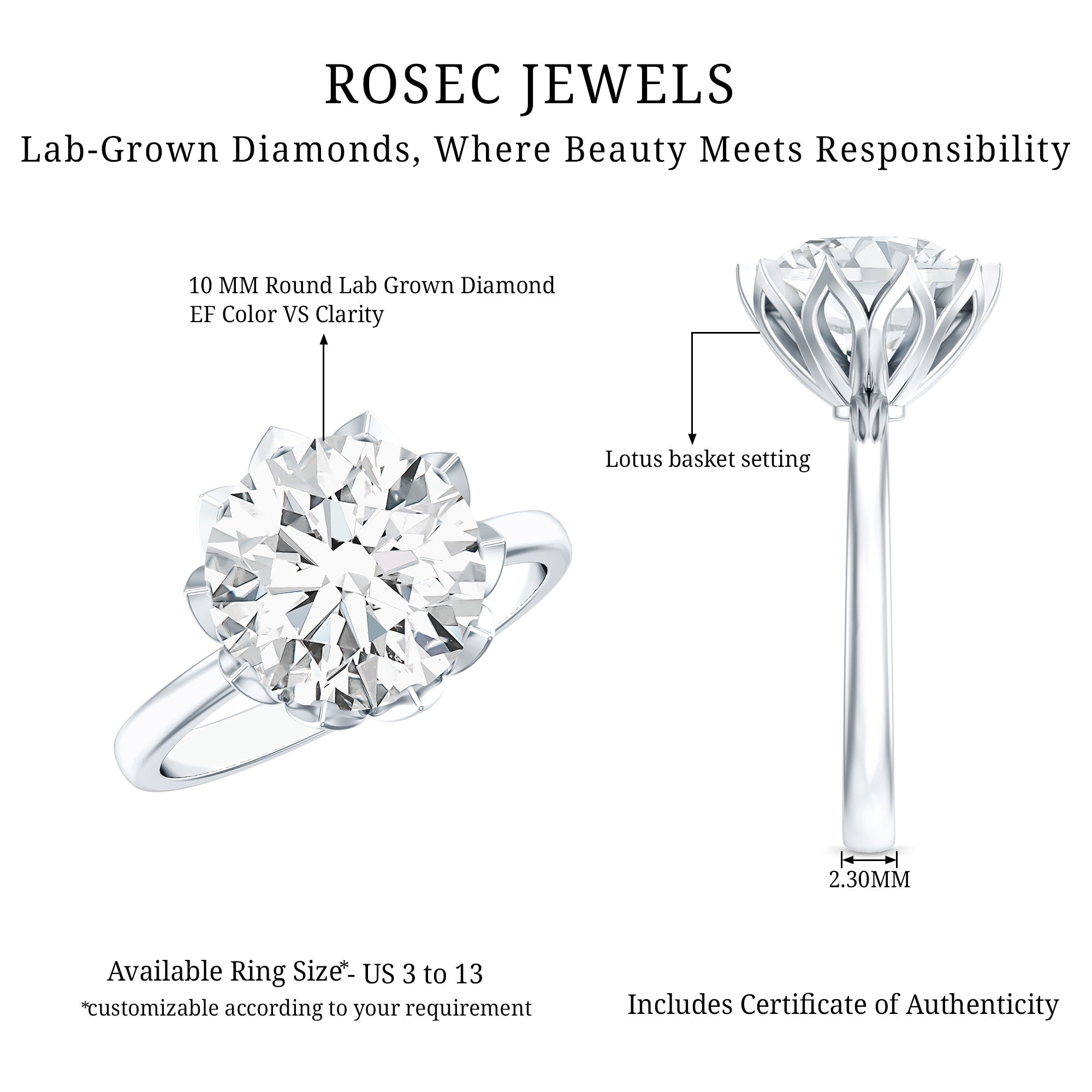 IGI Certified 4 CT Lab Grown Diamond Lotus Engagement Ring Lab - ( E-VS1 ) - Rosec Jewels