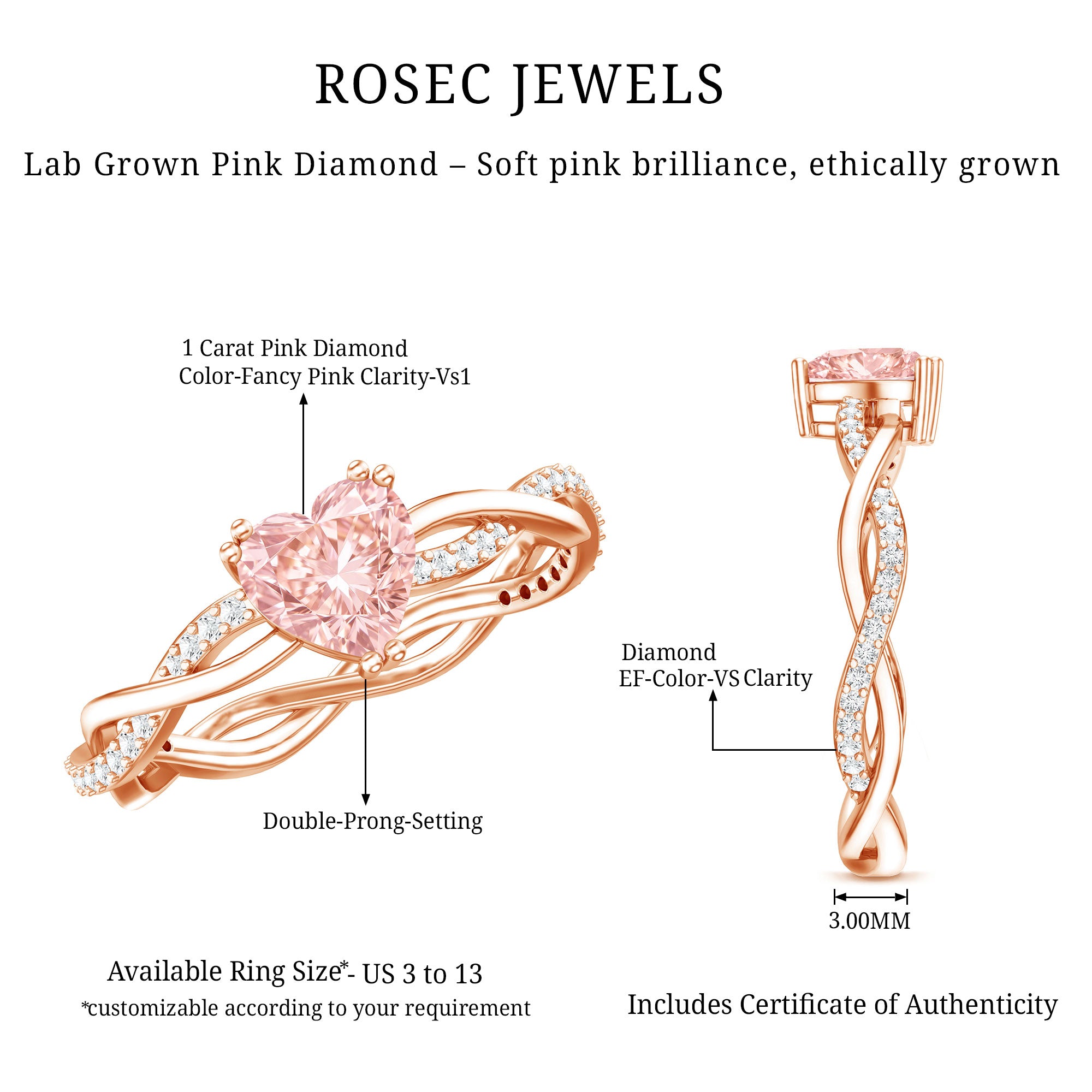 1 CT IGI Certified Lab Grown Pink Diamond Heart Engagement Ring with Crossover Shank Fancy Pink - VS1 - Rosec Jewels