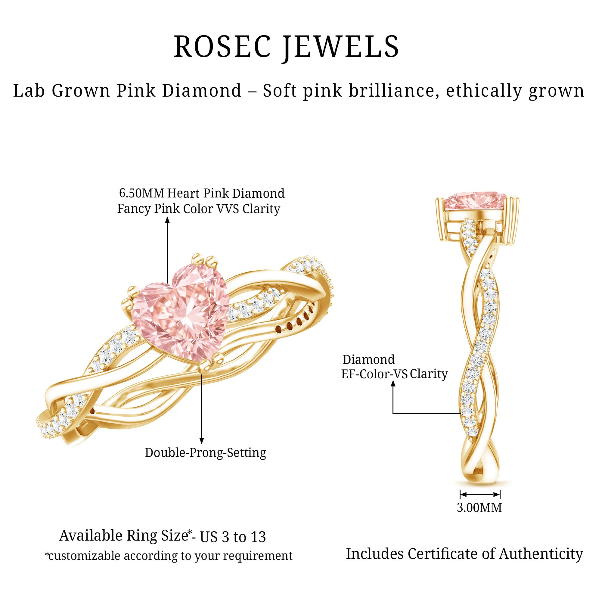 1 CT IGI Certified Lab Grown Pink Diamond Heart Engagement Ring with Crossover Shank VVS - Rosec Jewels