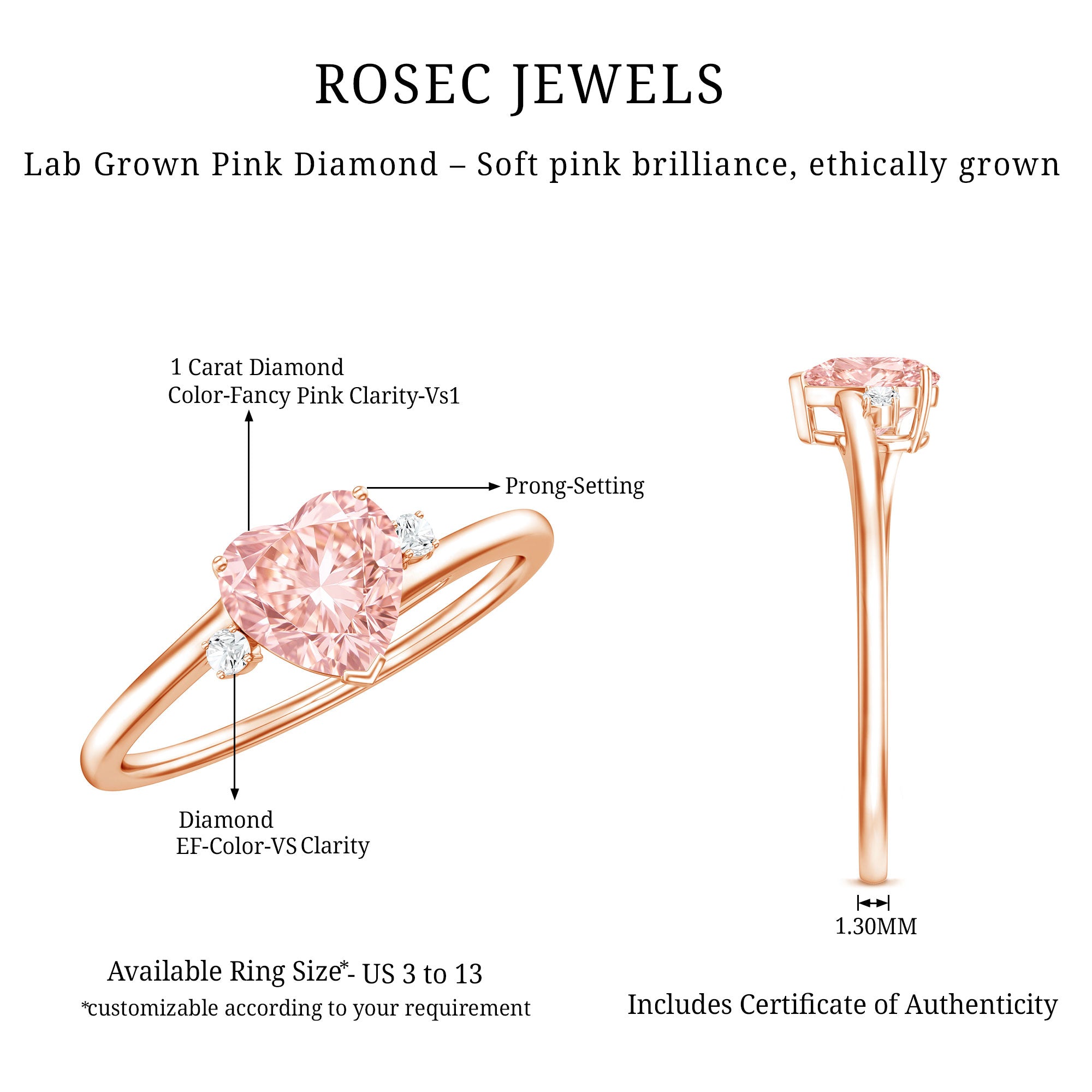 IGI Certified 1 CT Lab Grown Pink Diamond Heart Promise Ring Fancy Pink - VS1 - Rosec Jewels