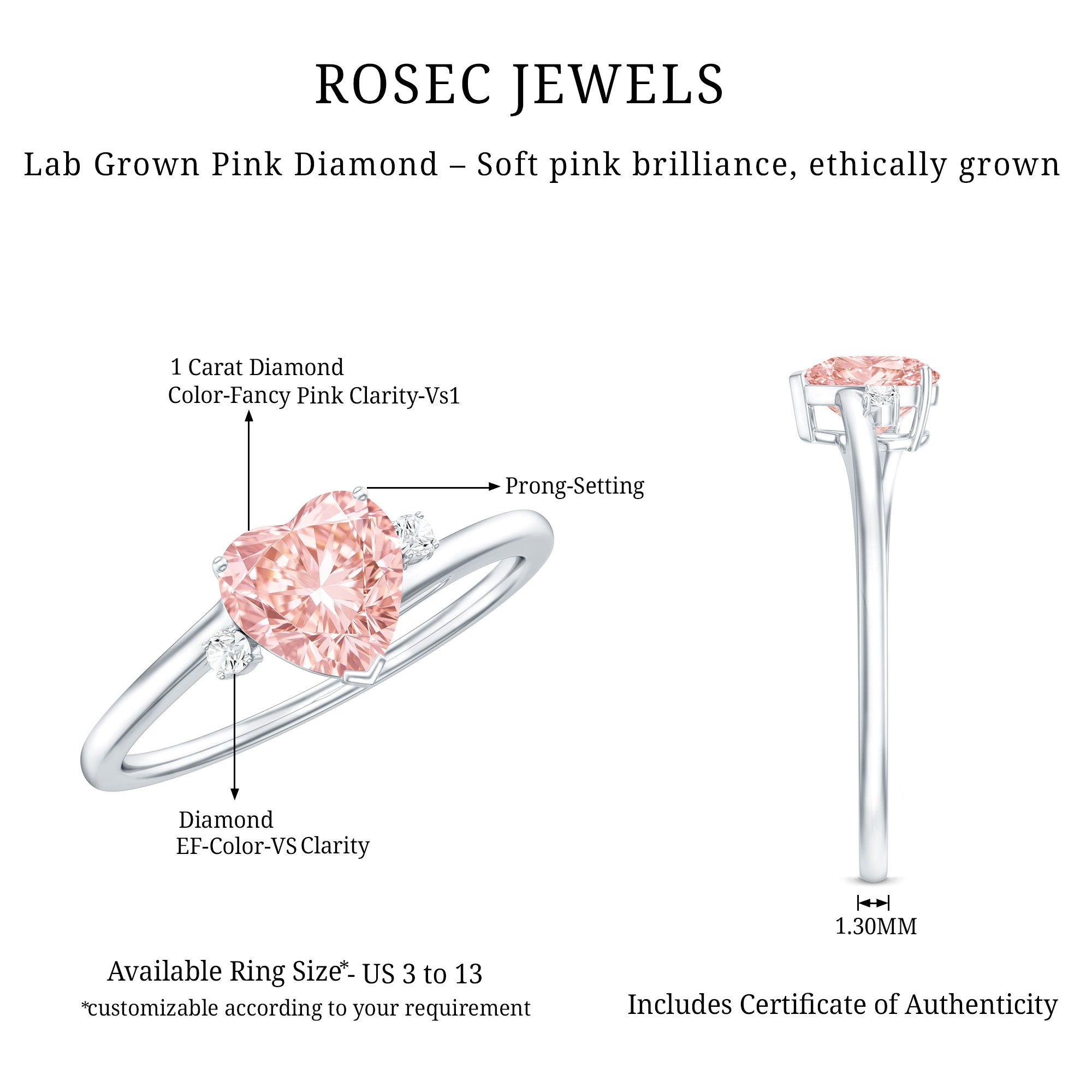 IGI Certified 1 CT Lab Grown Pink Diamond Heart Promise Ring Fancy Pink - VS1 - Rosec Jewels