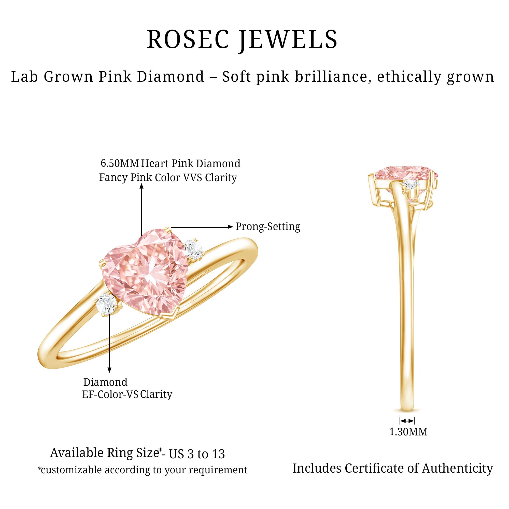 IGI Certified 1 CT Lab Grown Pink Diamond Heart Promise Ring VVS - Rosec Jewels