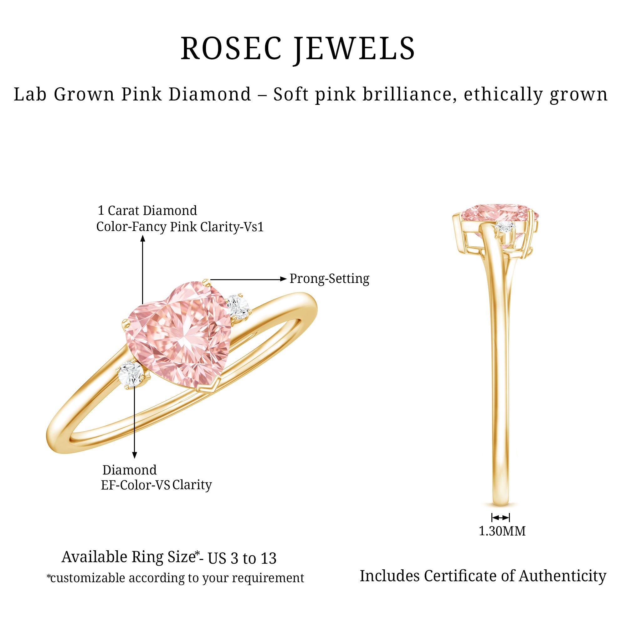 IGI Certified 1 CT Lab Grown Pink Diamond Heart Promise Ring Fancy Pink - VS1 - Rosec Jewels