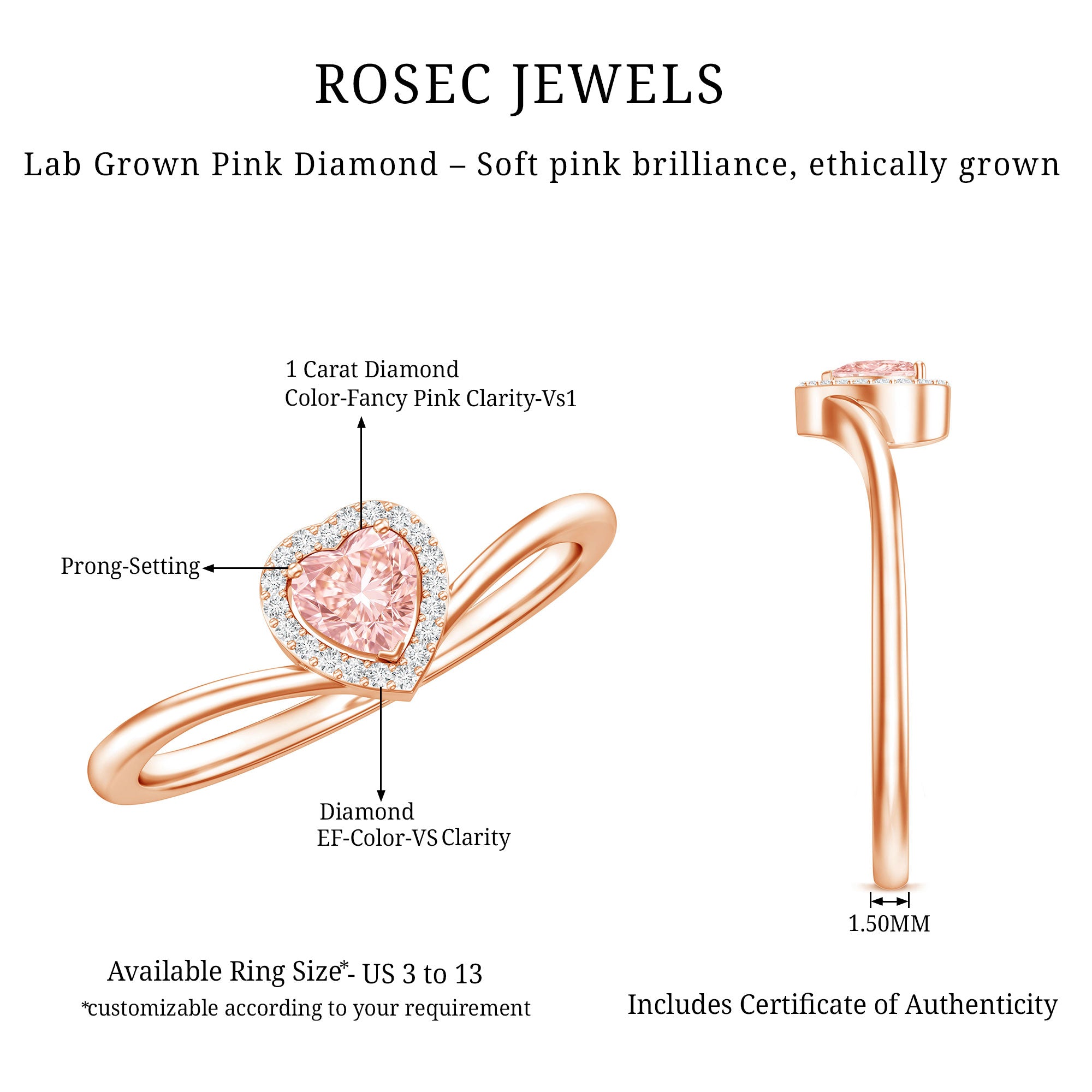 IGI Certified Lab Grown Pink Diamond Heart Promise Ring with Halo Fancy Pink - VS1 - Rosec Jewels