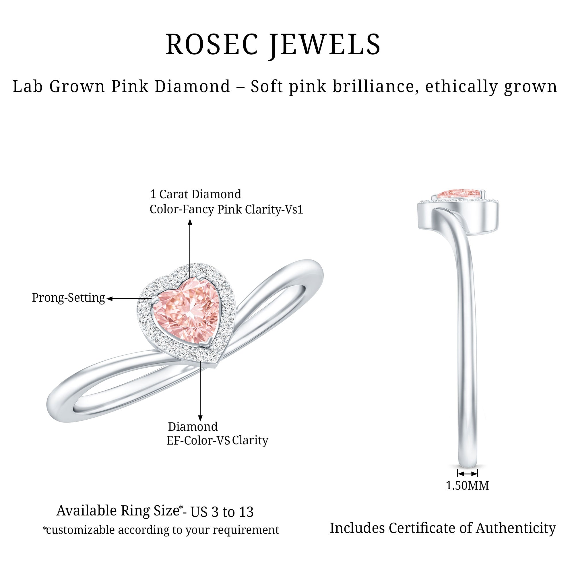 IGI Certified Lab Grown Pink Diamond Heart Promise Ring with Halo Fancy Pink - VS1 - Rosec Jewels