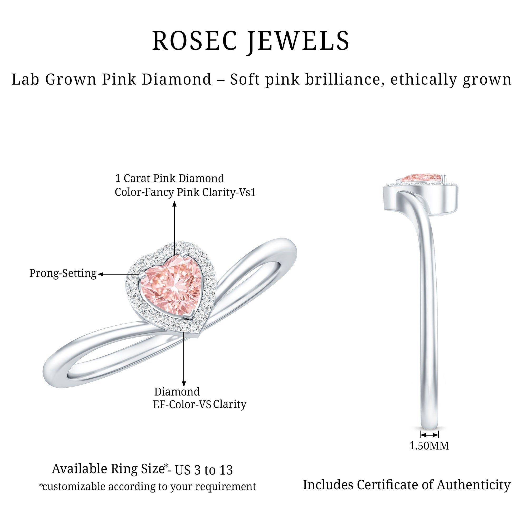 IGI Certified Lab Grown Pink Diamond Heart Promise Ring with Halo Fancy Pink - VS1 - Rosec Jewels