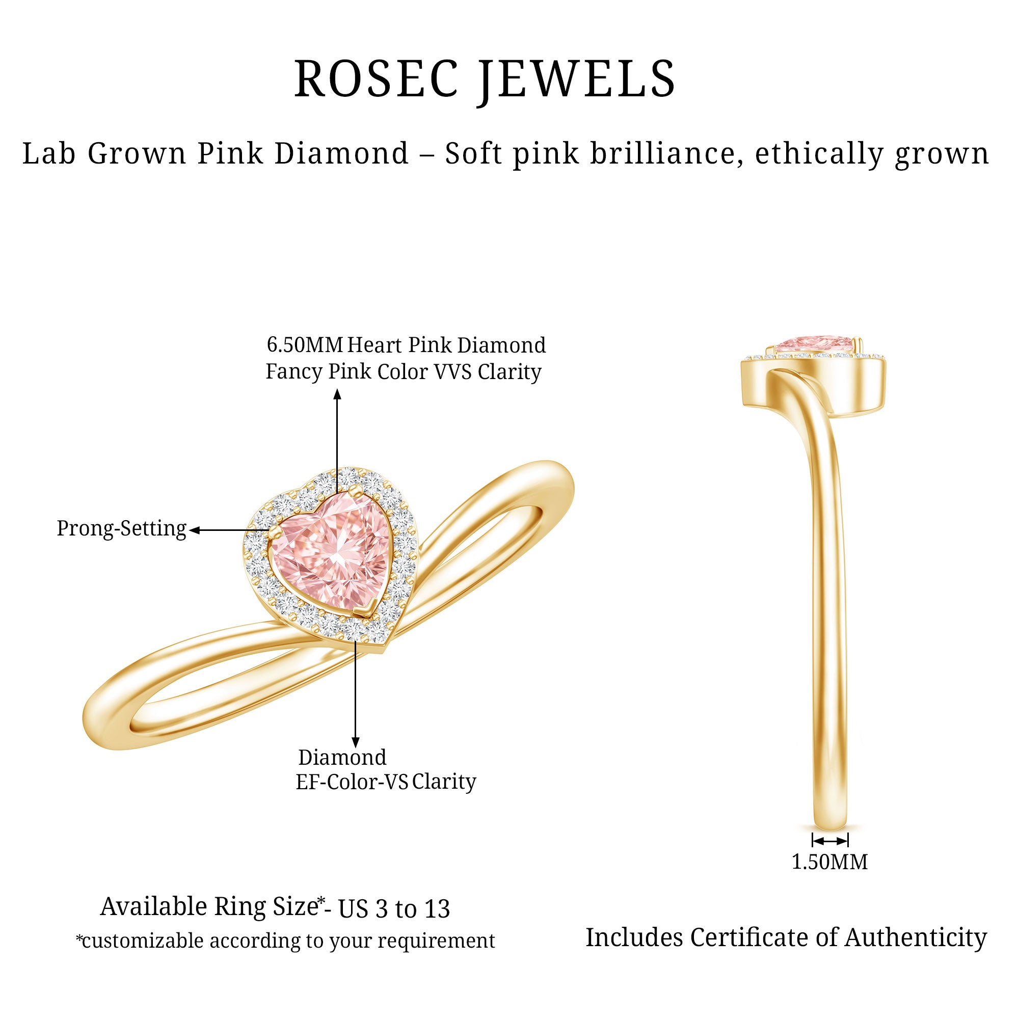 IGI Certified Lab Grown Pink Diamond Heart Promise Ring with Halo E-VS1 - Rosec Jewels