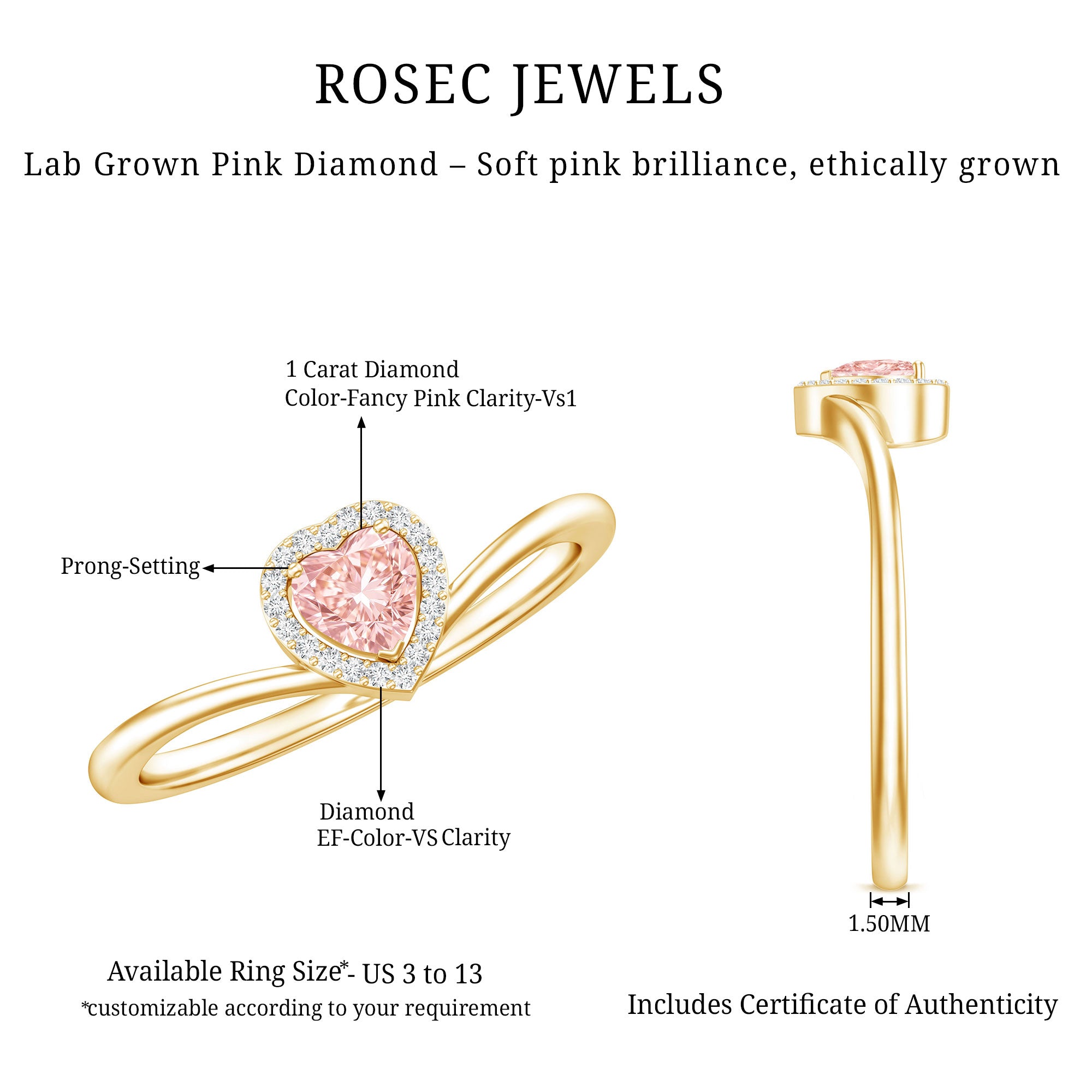 IGI Certified Lab Grown Pink Diamond Heart Promise Ring with Halo Fancy Pink - VS1 - Rosec Jewels