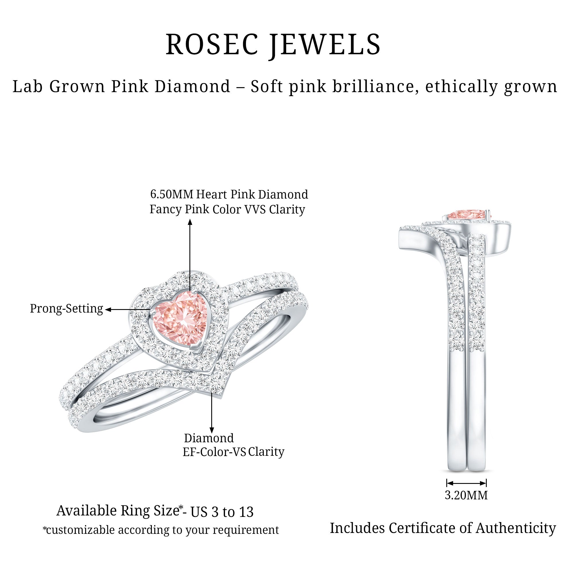Heart Shape Lab Grown Pink and White Diamond Wedding Ring Set with IGI Certificate E-VS1 - Rosec Jewels
