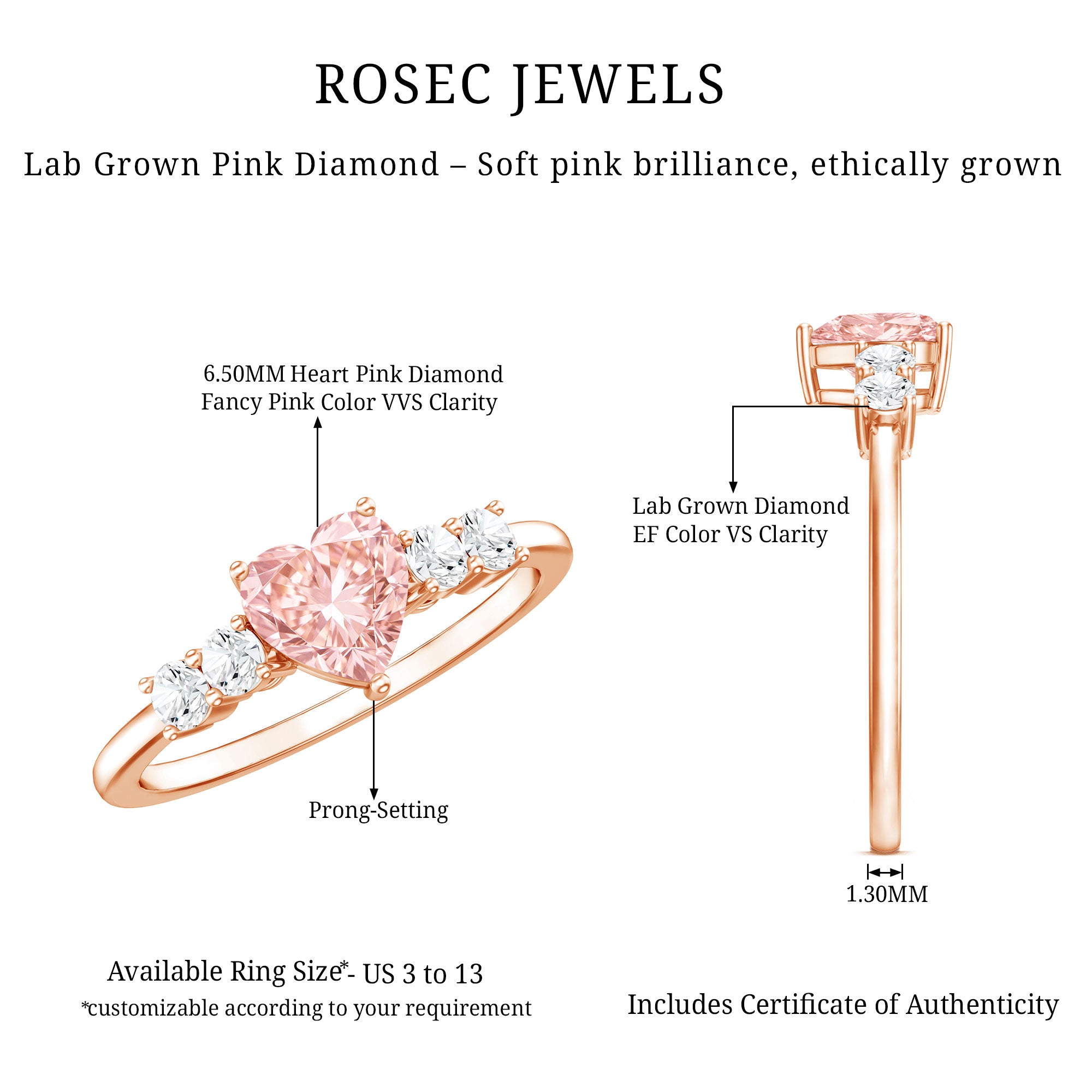 IGI Certified 1 Carat Lab Grown Pink and White Diamond Heart Promise Ring for Her VVS - Rosec Jewels