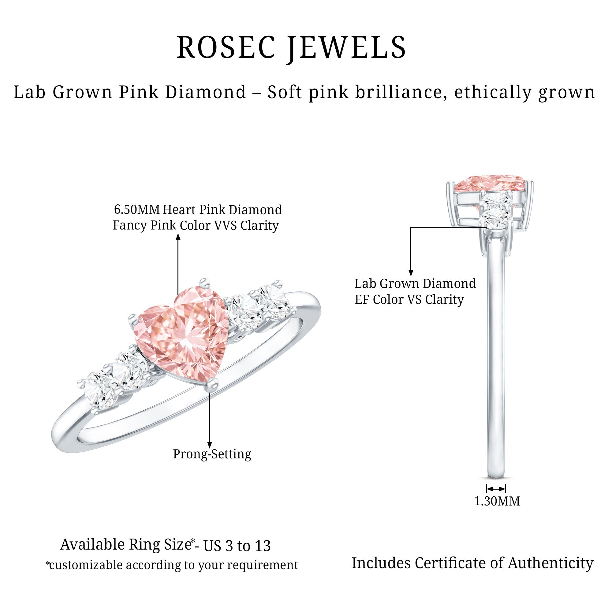 IGI Certified 1 Carat Lab Grown Pink and White Diamond Heart Promise Ring for Her Fancy Pink - VS1 - Rosec Jewels