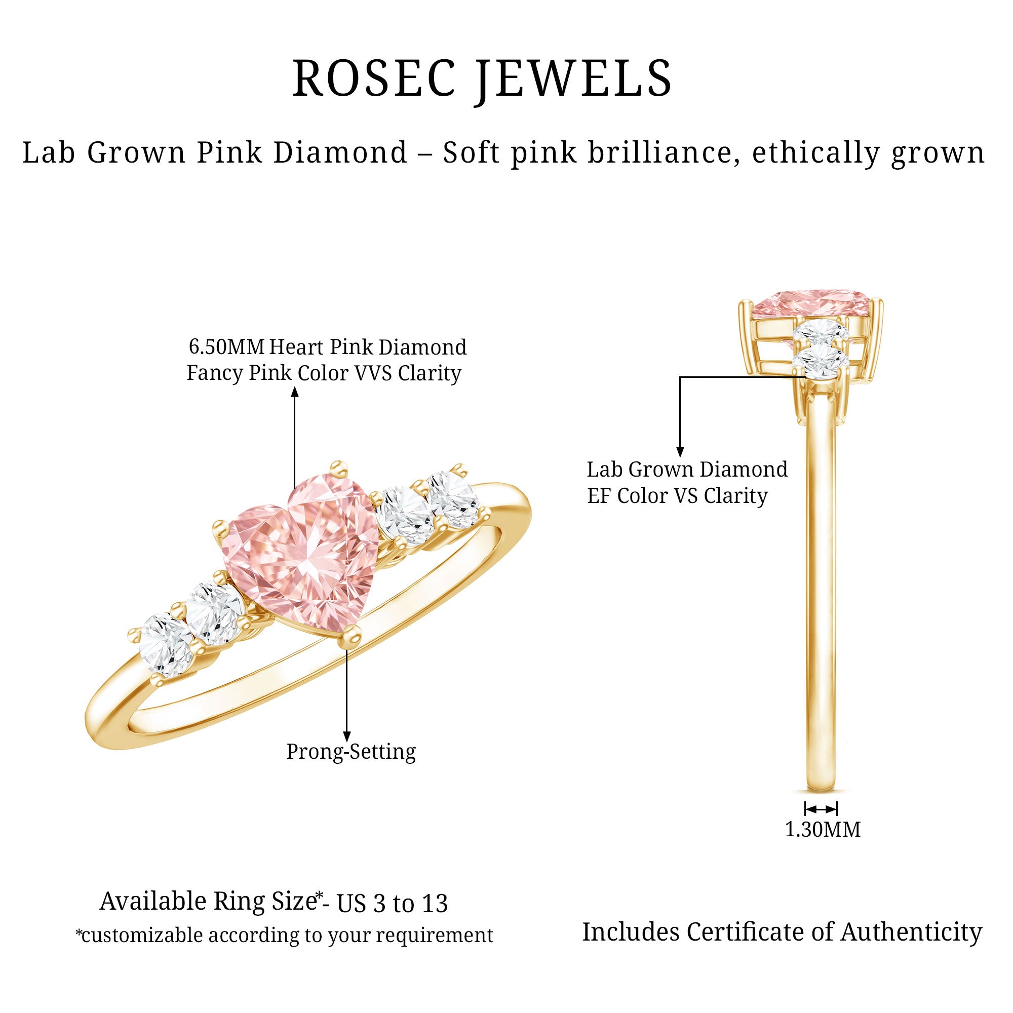 IGI Certified 1 Carat Lab Grown Pink and White Diamond Heart Promise Ring for Her Fancy Pink - VS1 - Rosec Jewels