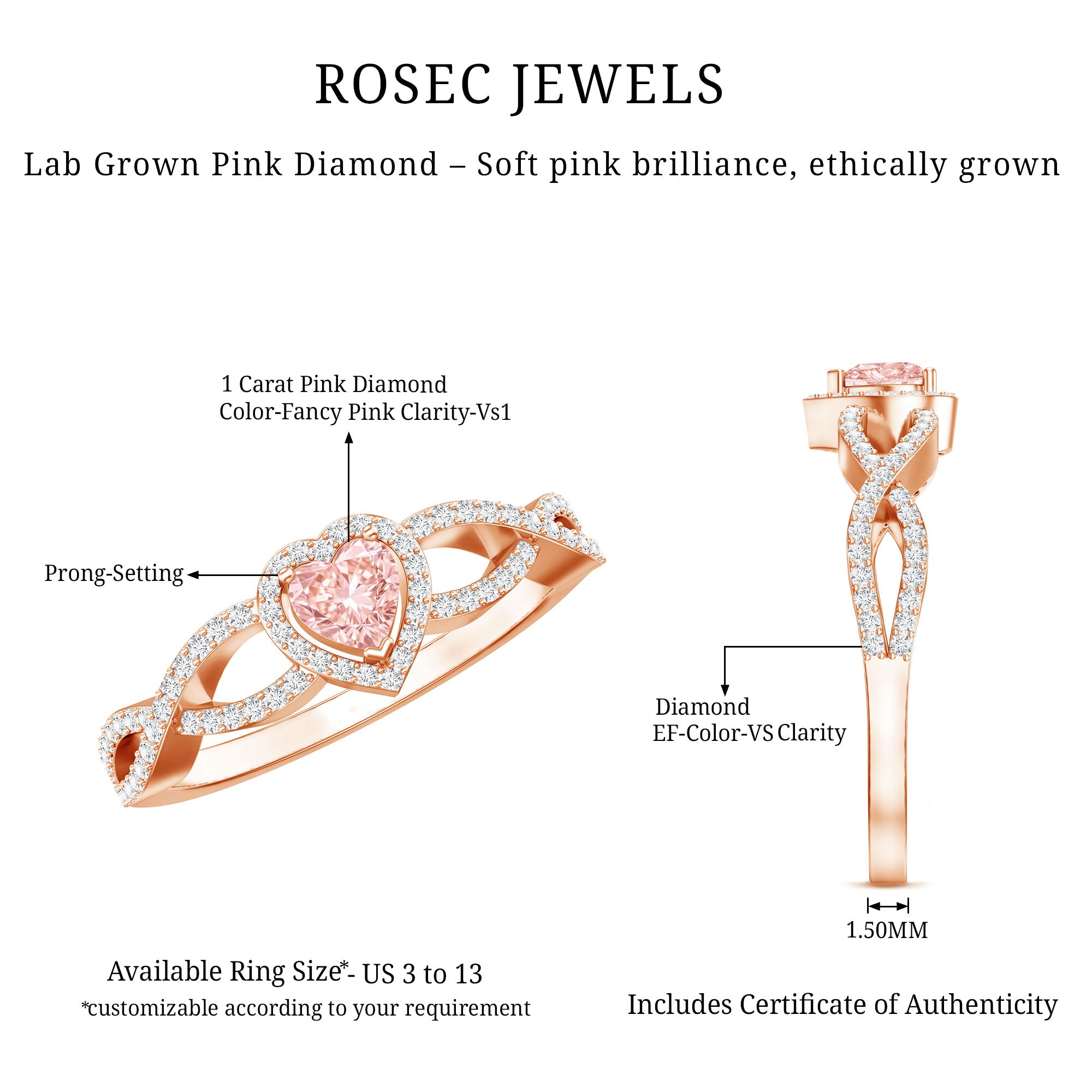 IGI Certified 1 Carat Lab Grown Pink and White Diamond Classic Engagement Ring Fancy Pink - VS1 - Rosec Jewels