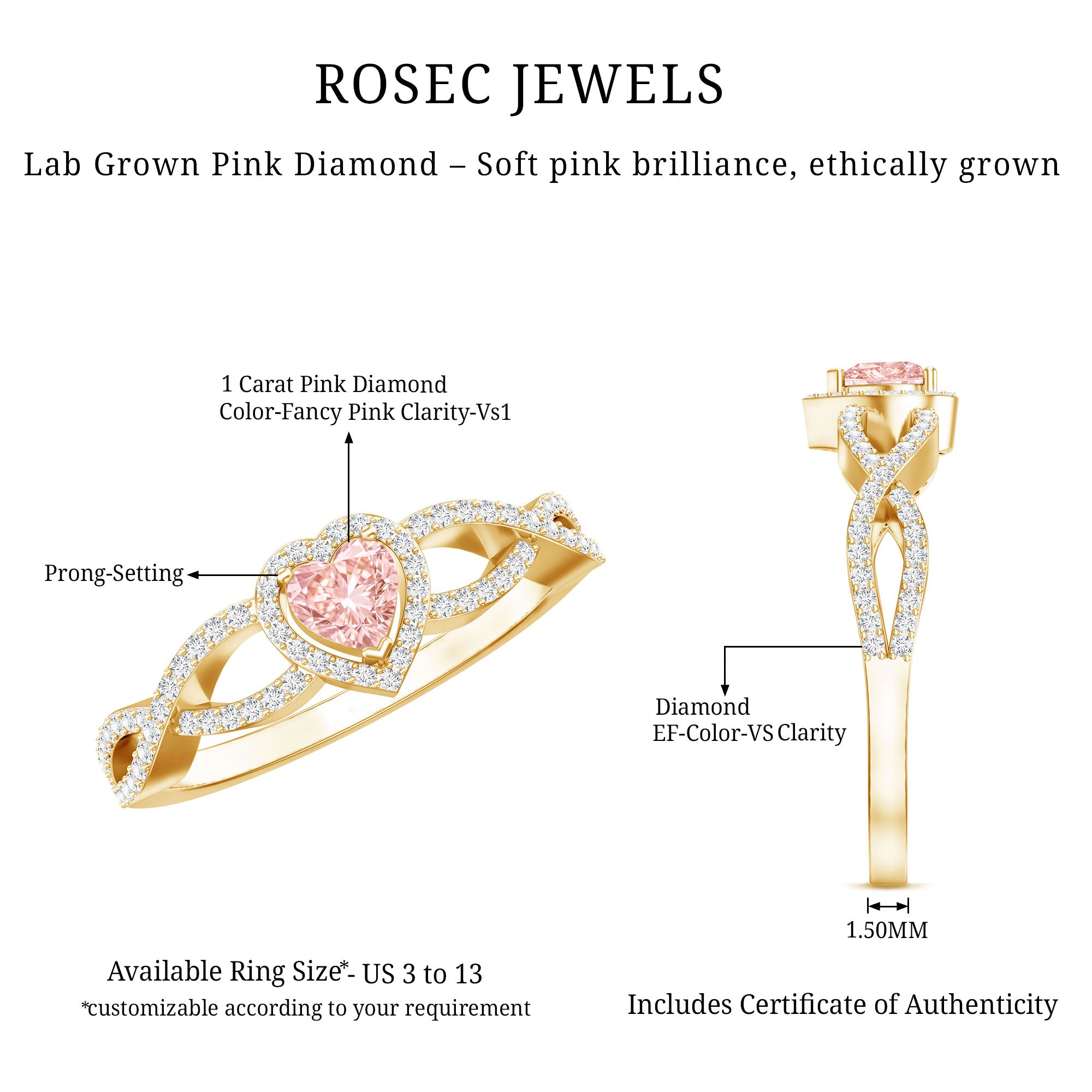 IGI Certified 1 Carat Lab Grown Pink and White Diamond Classic Engagement Ring Fancy Pink - VS1 - Rosec Jewels