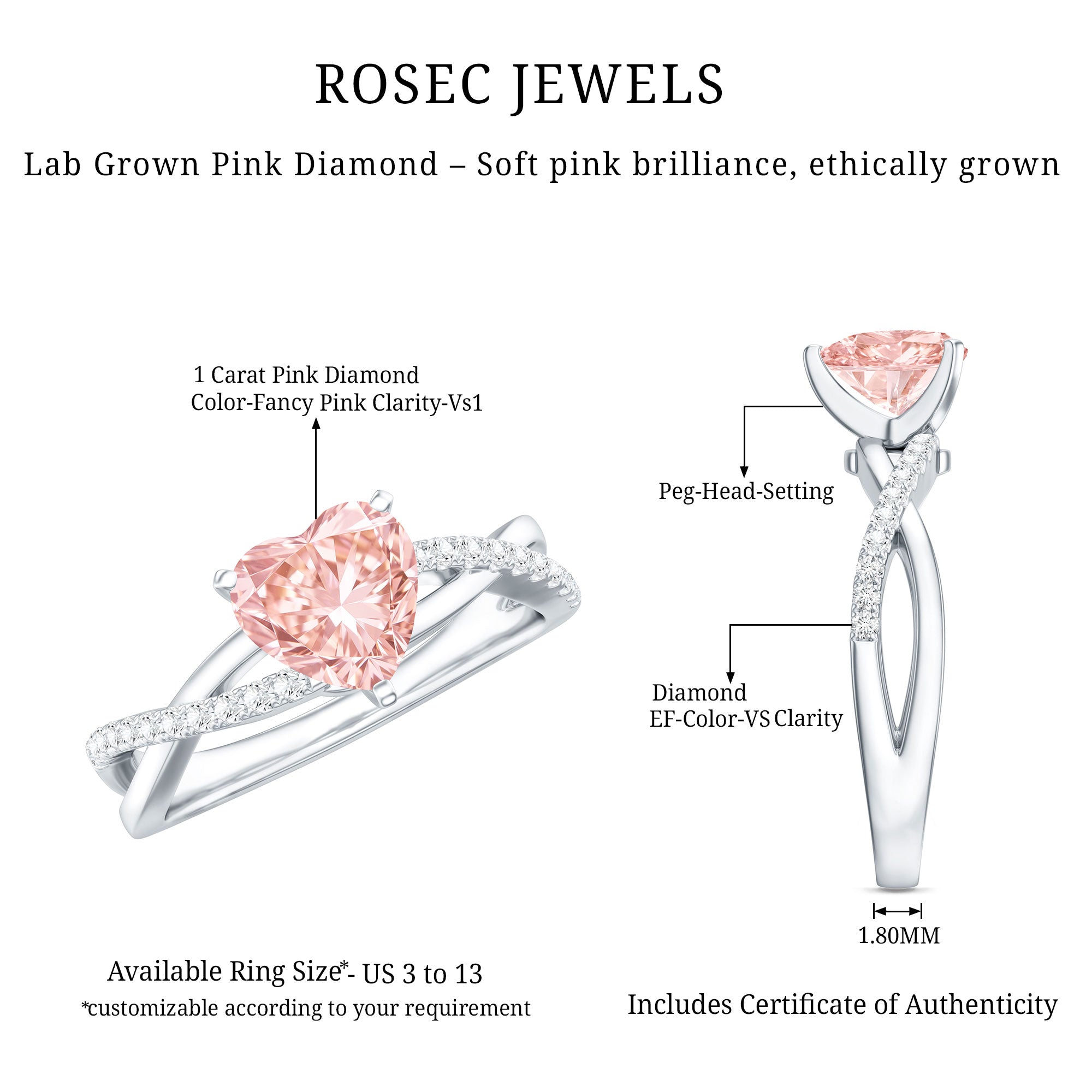 IGI Certified 1 CT Solitaire Lab Grown Pink Diamond Heart Engagement Ring Fancy Pink - VS1 - Rosec Jewels