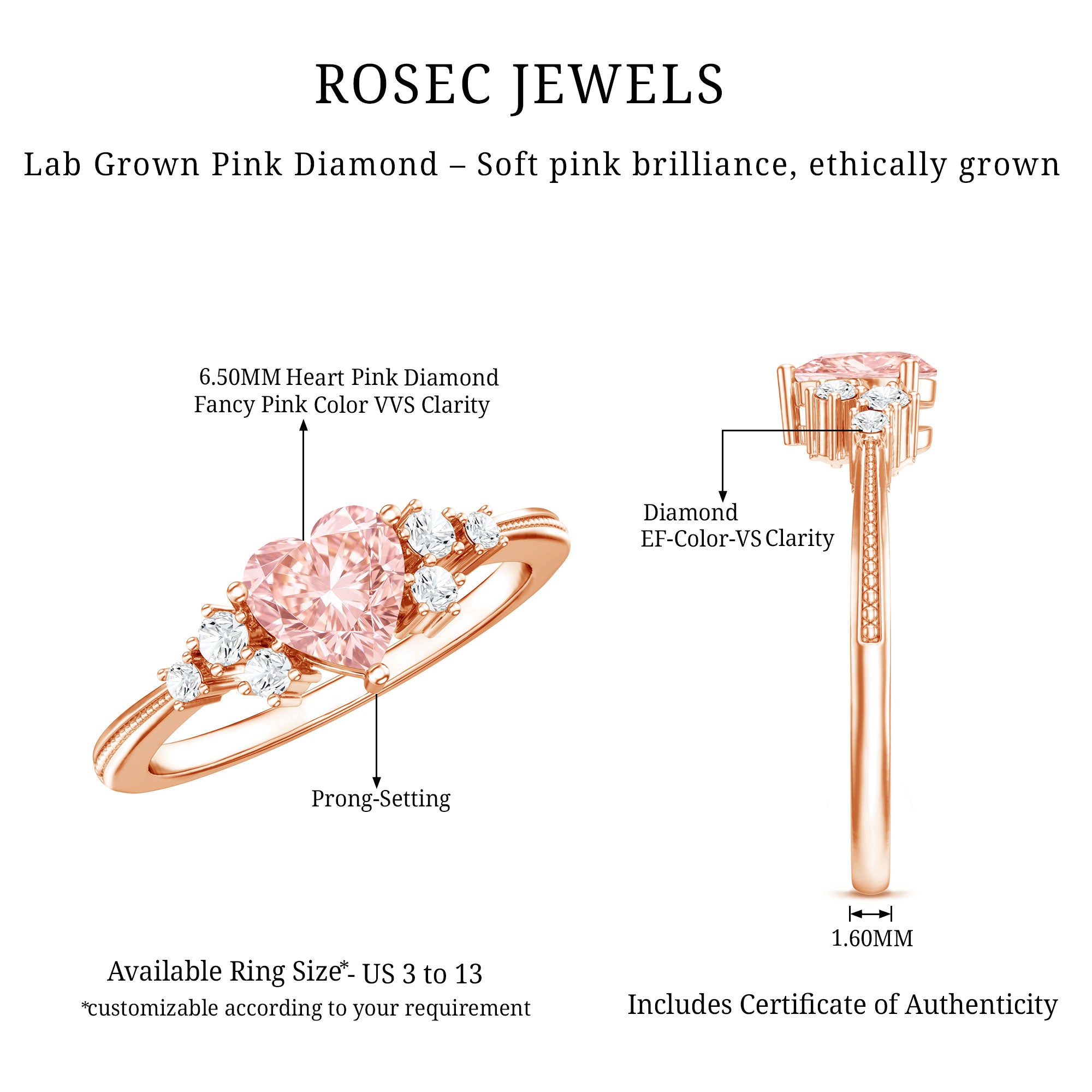 1 CT Lab Grown Pink and White Diamond Heart Engagement Ring IGI Certified E-VS1 - Rosec Jewels