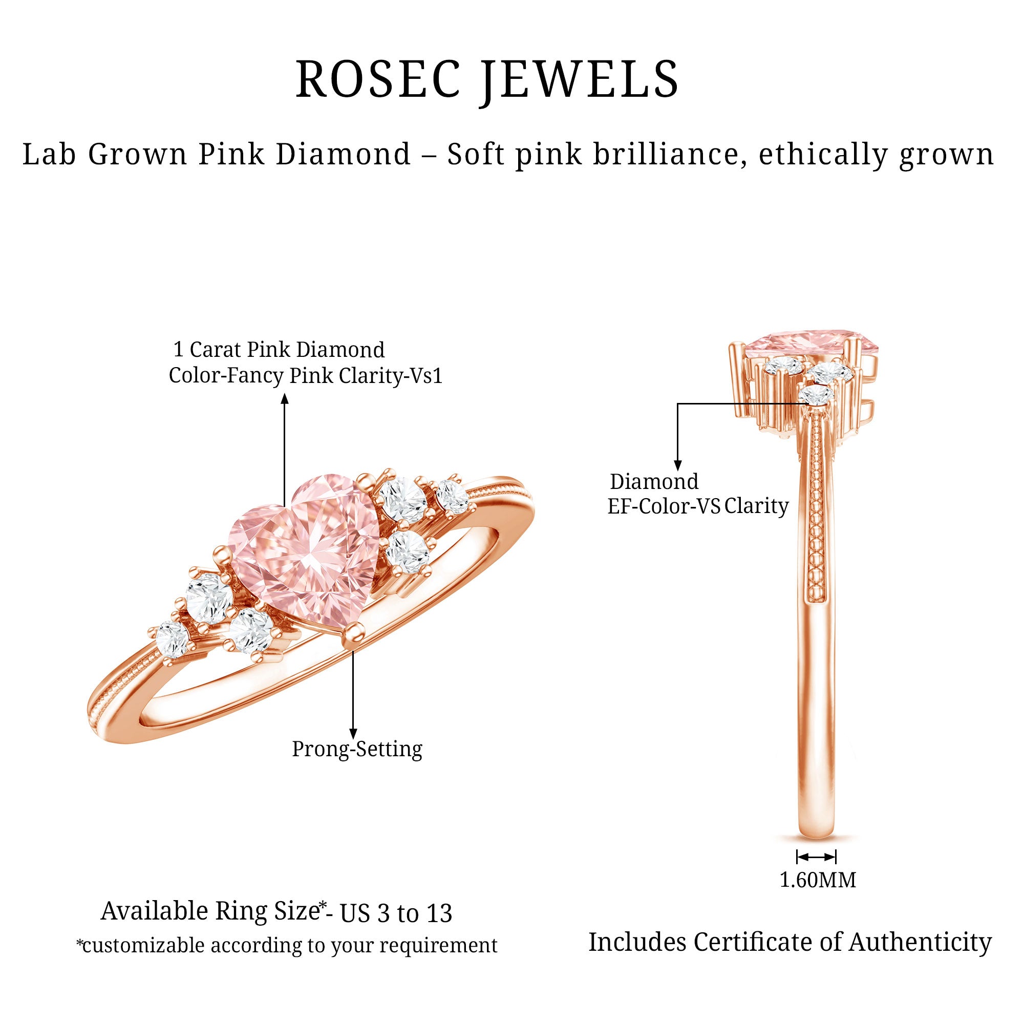1 CT Lab Grown Pink and White Diamond Heart Engagement Ring IGI Certified Fancy Pink - VS1 - Rosec Jewels