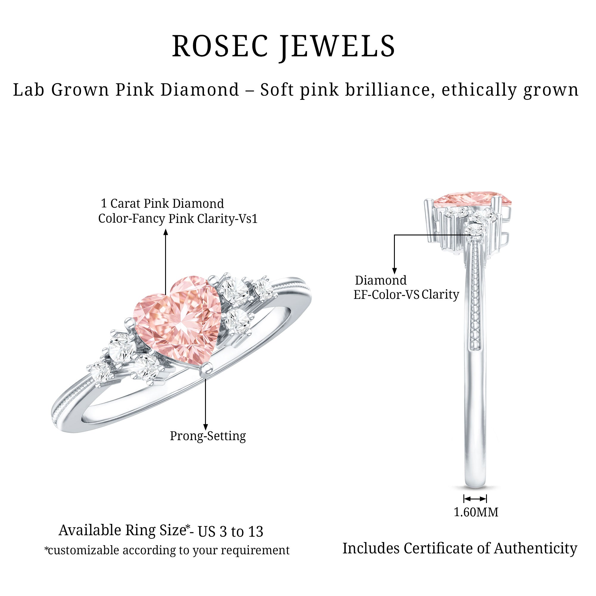 1 CT Lab Grown Pink and White Diamond Heart Engagement Ring IGI Certified Fancy Pink - VS1 - Rosec Jewels