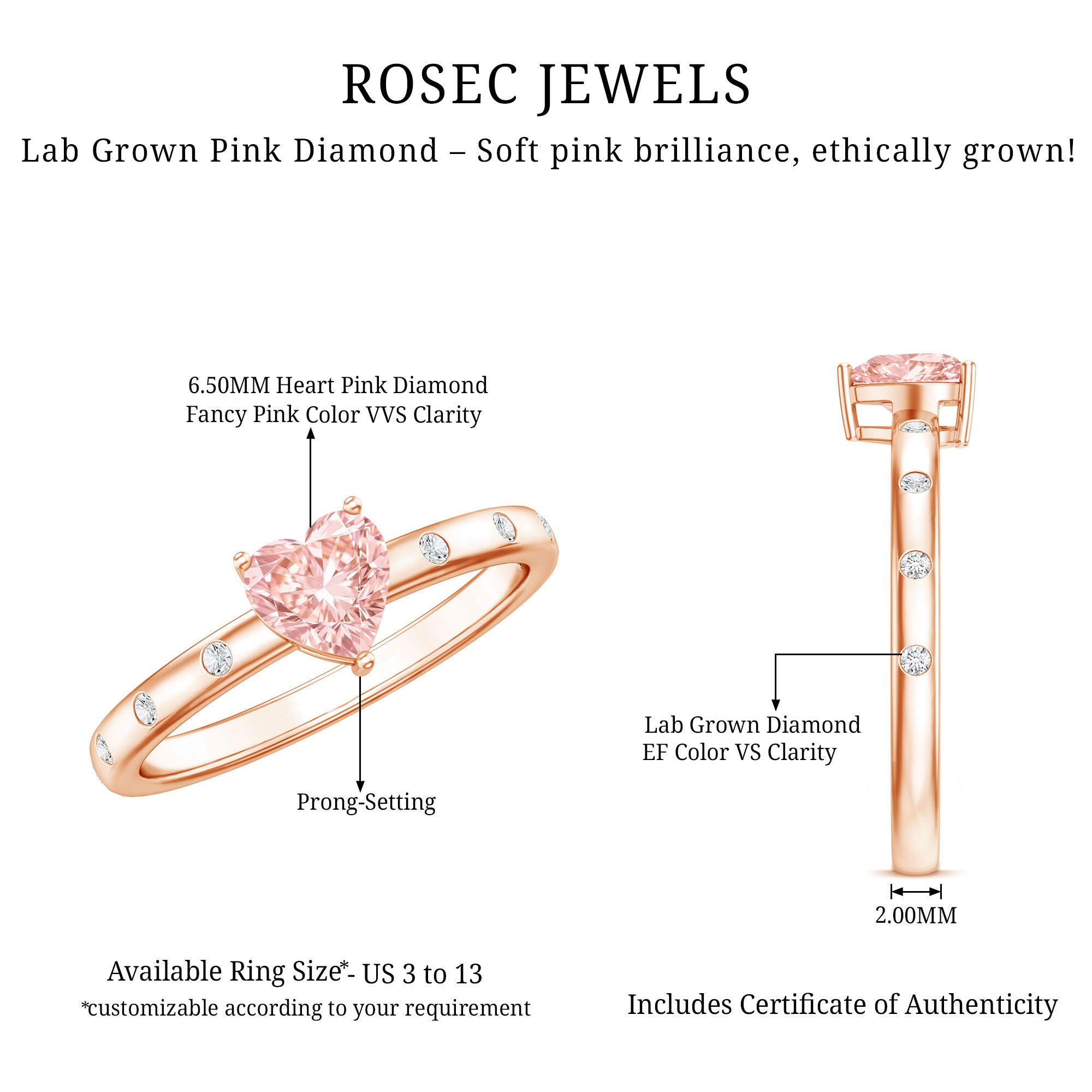 IGI Certified Solitaire Lab Grown Pink Diamond Engagement Ring for Women E-VS1 - Rosec Jewels